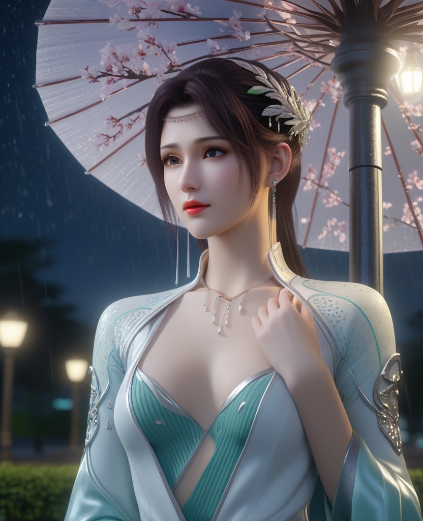 <lora:575-DA-XL-斗破苍穹-云韵-绿服:0.8>(,1girl, ,best quality, ),looking at viewer, ,ultra detailed 8k cg, ultra detailed background,  ultra realistic 8k cg,          cinematic lighting, cinematic bloom, (( , )),,  , unreal, science fiction,  luxury, jewelry, diamond, pearl, gem, sapphire, ruby, emerald, intricate detail, delicate pattern, charming, alluring, seductive, erotic, enchanting, hair ornament, necklace, earrings, bracelet, armlet,halo,masterpiece, (( , )),,  ,cherry blossoms,(((, night,night sky,lamppost,  ultra high res, (photorealistic:1.4), raw photo, 1girl, , rain, sweat, ,wet, )))(( , ))   (cleavage), (),