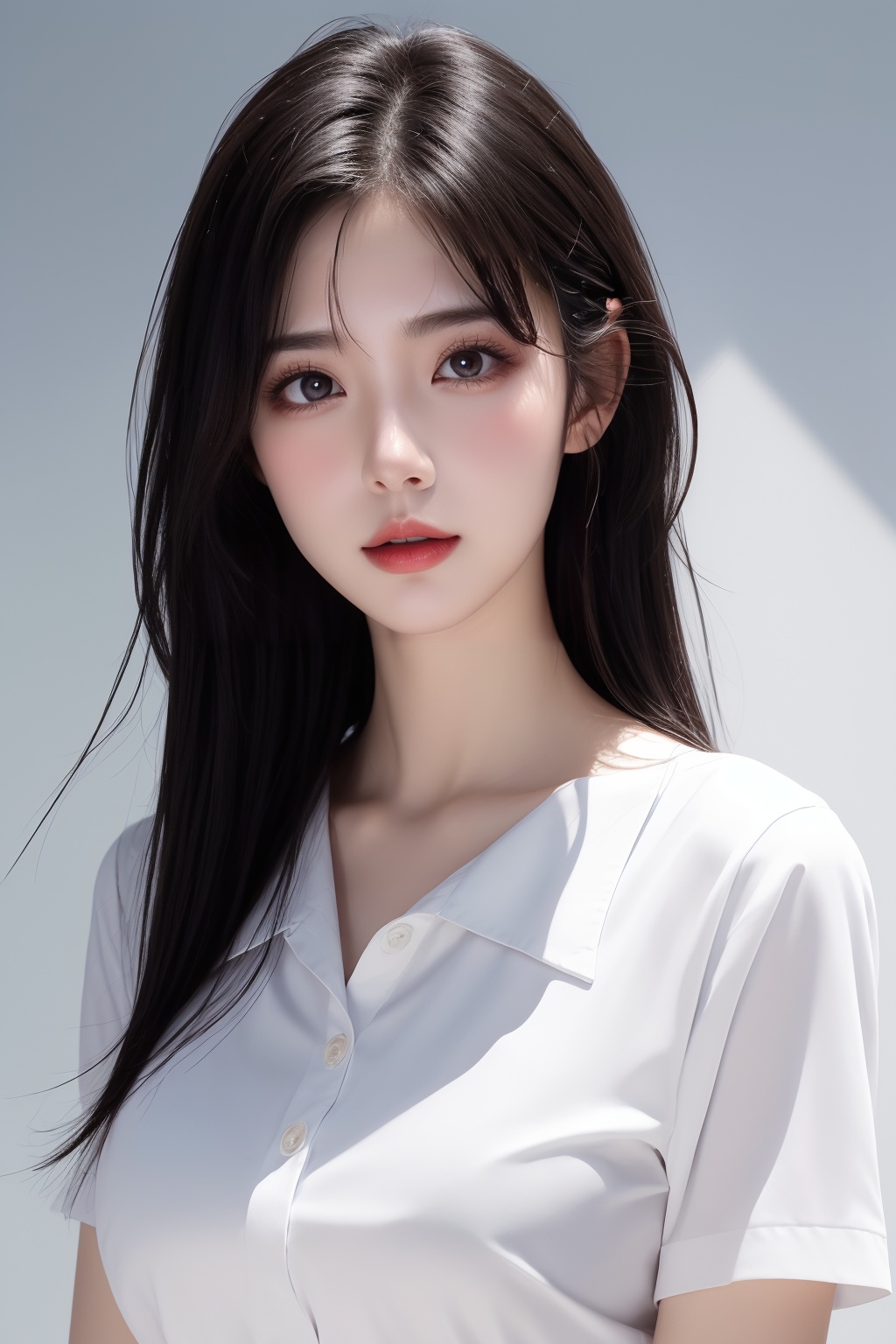 1girl, black hair, bra, bra visible through clothes, breasts, brown eyes, collared shirt, large breasts, lips, long hair, looking at viewer, nose, photorealistic, realistic, see-through, shirt, short sleeves, solo, underwear, upper body, wet clothes, wet shirt, white shirt, wing collar <lora:美女:0.8>