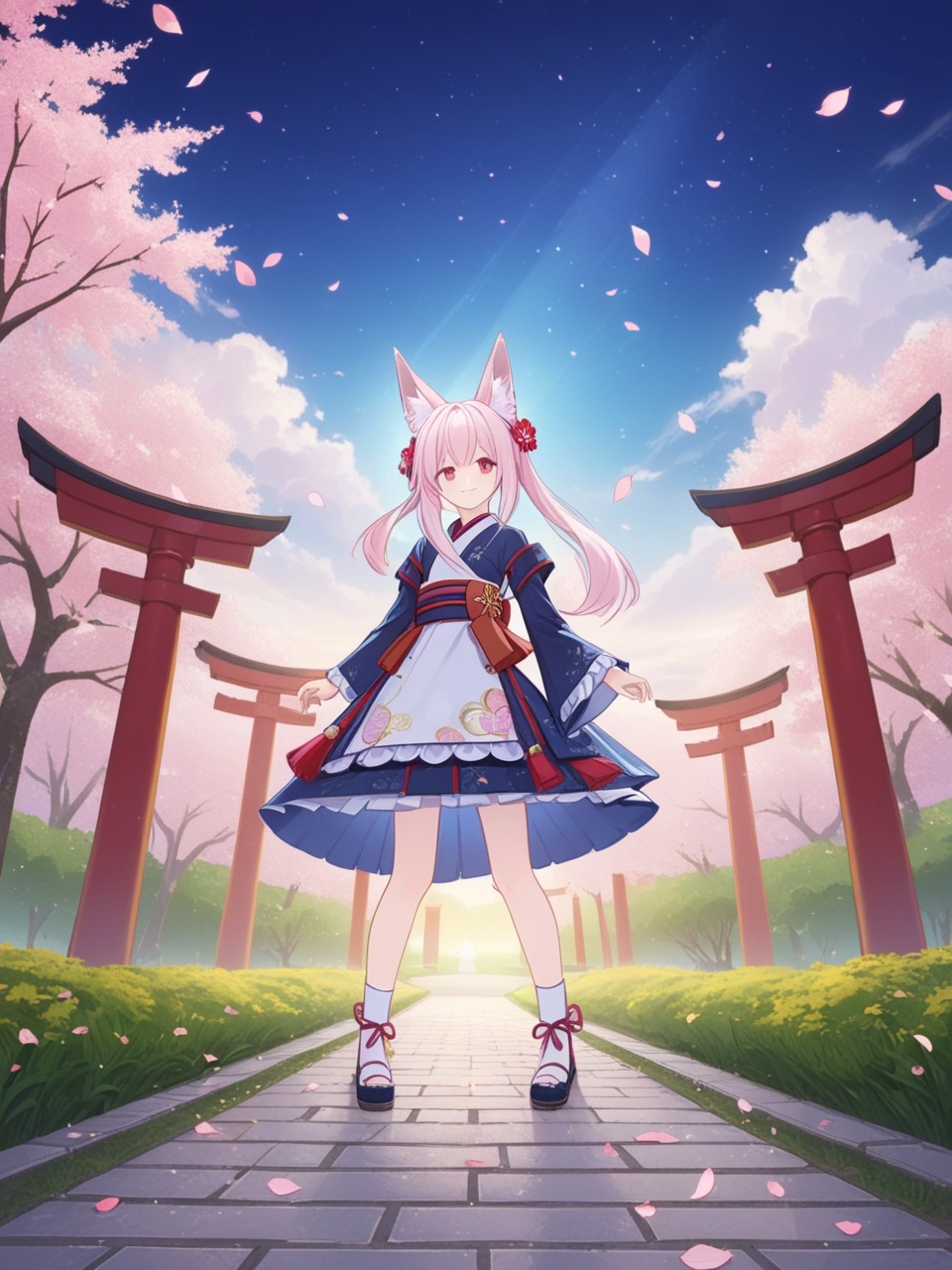 (((masterpiece))),(illustration:1.3),(((best quality))),amazing,detailed unity 8K CG wallpaper,ultra detailed,((1 14_years_old girl:1.1)),((fox girl)),(fox_ears),cowboy shot,long delicate_and_intricate white hair and white marble glowing skin,beautiful pony_tail,beautiful glowing red eyes,delicate_and_intricate face,flowers on face,growth,nature,beautiful face,zoom in on eyes,standing,smile,(shy),(gorgeous [Gothic_Lolita:kimono:0.6] chiya),super detailed clothes,(extremely detailed background),torii,garden,stone brick road,fallen sakura_petals,pink_sakura_trees,spring,detailed sky and cloud,best lighting,sunburst,outline_shadow,incredibly_absurdres,gcg,<lora:gcg.xl-low-lr:0.6>,