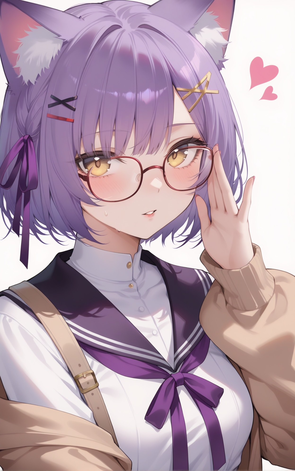 kotalou,ka ra ra ge tsu ne,coser,shokumura,anon,key999,masterpiece,facing the lens,best quality,very aesthetic,extremely delicate and beautiful,huge filesize,amazing quality,32K UHD,ultra-detailed,photorealistic skin,cinematic lighting,depth of field,8k,(sheya:0.3),(Qiandaiiu:0.3),(koahri:0.3),sexy,(MeIoN:0.6),(wumai:0.4),(ssr:0.6),(SG:0.8),(netural:0.4),(Fungi:0.3),//, 1girl, animal ears, solo, ribbon, glasses, hair ornament, sailor collar, long sleeves, white background, off shoulder, purple hair, simple background, x hair ornament, upper body, white shirt, looking at viewer, animal ear fluff, shirt, black ribbon, cat ears, blush, hair ribbon, virtual youtuber, parted lips, yellow eyes, heart, round eyewear, hairclip, hand up, short hair, puffy long sleeves, purple ribbon