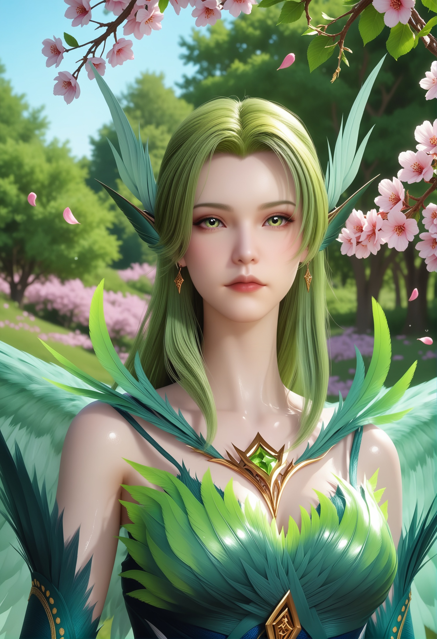 score_9,score_8_up,score_7_up,1girl,solo,realistic,(looking at viewer:1.1),(portrait:1.2),1girl,solo,realistic,wings,dress,green dress,breastplate,gem,detached sleeves,white wings,green wings,green feathers,glowing,feathered wings,feather trim,falling feathers,elf,blue gloves,green gloves,elbow gloves,blue feathers,black wings,angel wings,backless dress,thighhighs,boots,1girl,solo,realistic,jewelry,necklace,feathers,head wings,hair ornament,feather hair ornament,earrings,1girl,solo,realistic,(mature face:1.4),(big eye:0.7),(pale_skin:1.1),shiny_skin,(slender face:1.2),long hair,green eyes,green hair,blonde hair,eyelashes,pointy ears,nose,lips,red lips,bare shoulders,closed mouth,realistic,grass,madotsuki,cherry blossoms,falling petals,petals,outdoors,tree,rock,water,<lora:小巳-碧姬:0.85>,