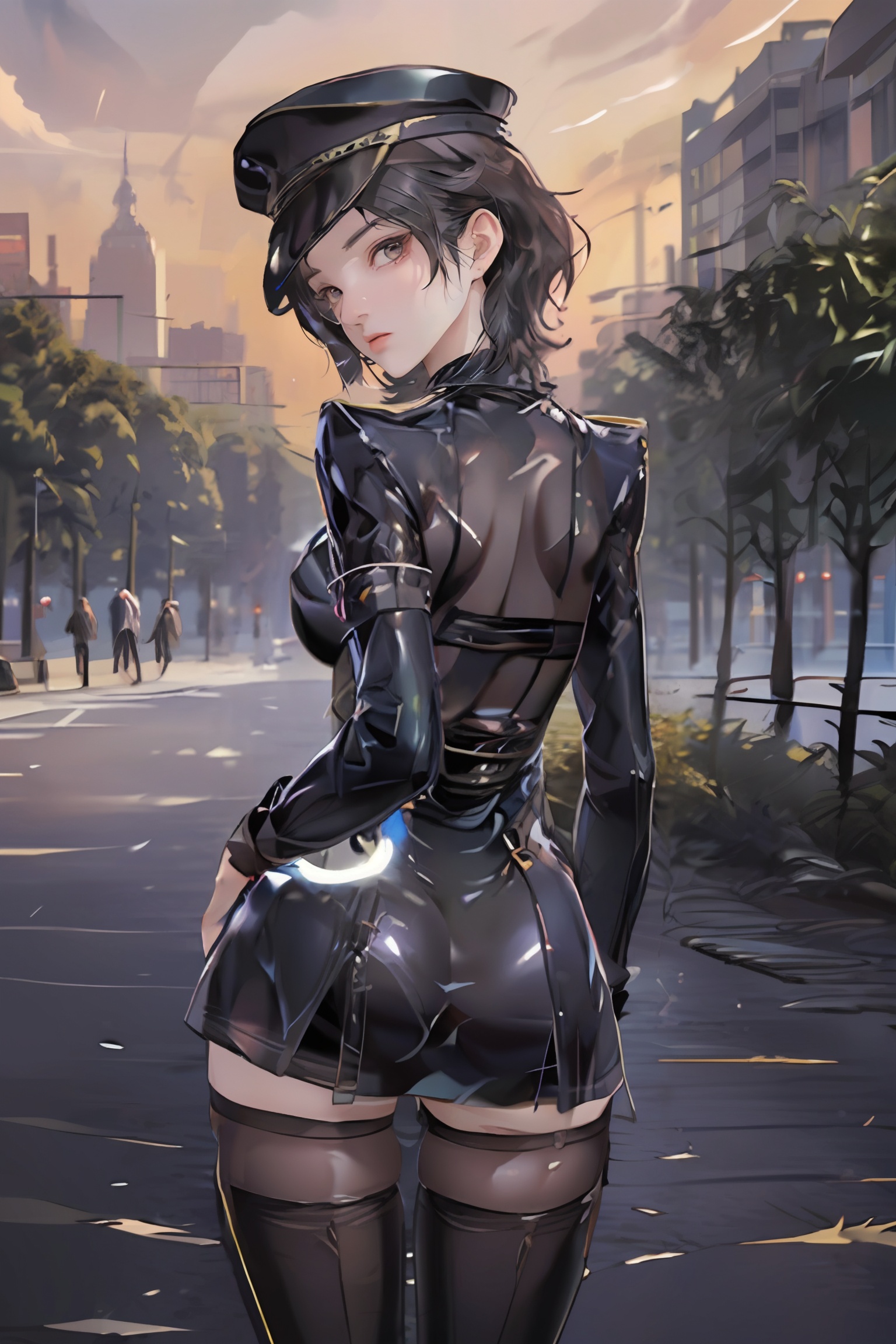 ((sfw:1.1)),((masterpiece, best quality, best shadow, official art, correct body proportions, Ultra High Definition Picture, master composition)),(best hands details:1.4),weiqingzhifu,short hair,headwear,1girl,solo,mature female,perfect body,shiny skin,breasts,narrow waist,wide hips,makeup,looking_at_viewer,(cowboy_shot),(outdoors),(street),city lights,(crowd),from behind,from_back,looking_back,looking back,