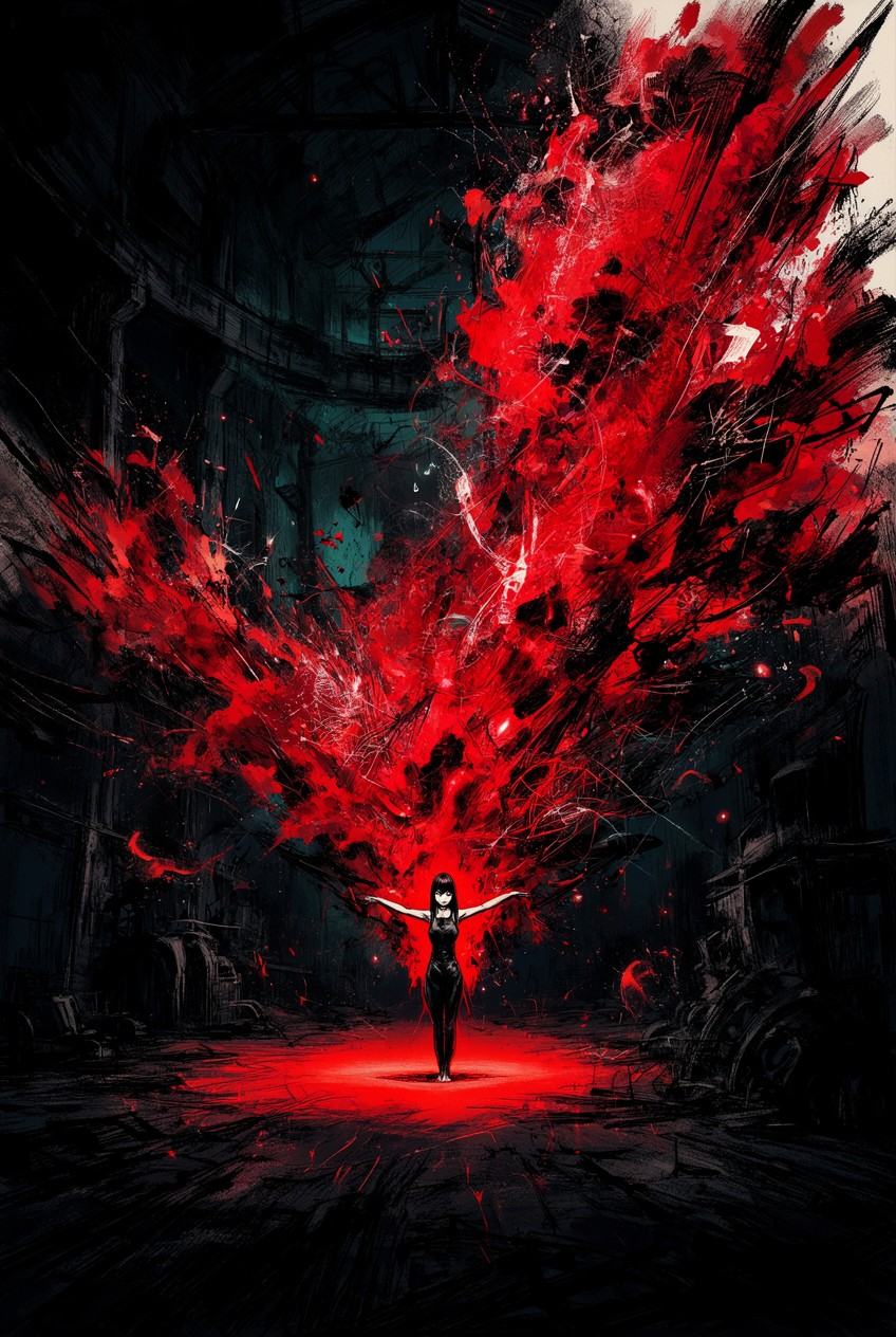tot_art,  A dark surreal charcoal-and-ink chiaroscuro illustration inside a vast abandoned industrial interior,  almost co...