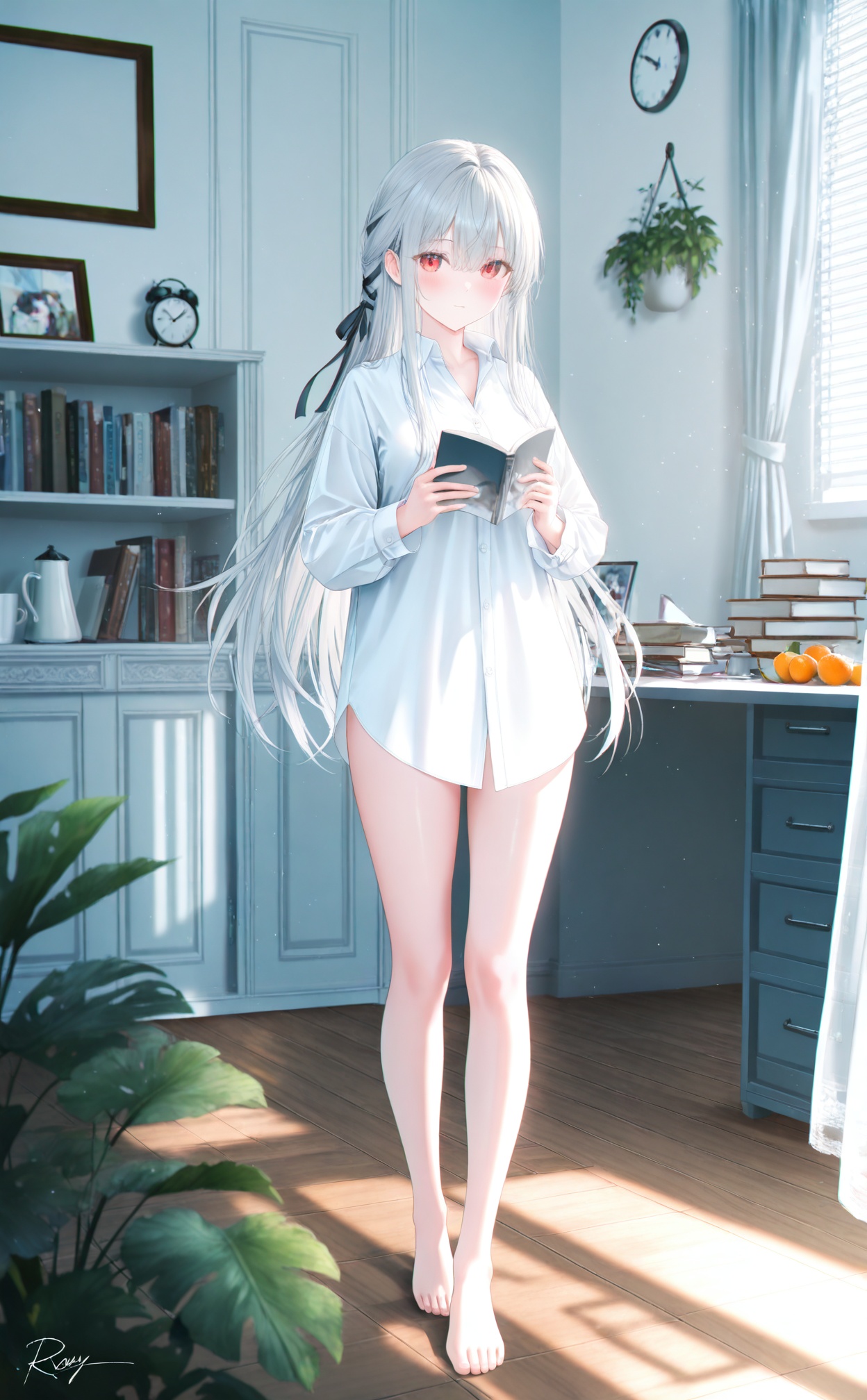masterpiece,very aware,highres,absurdres,newest,best quality,high quality,chromatic_aberration,Light Blue Theme,//,plant,book,1girl,potted plant,holding,food,indoors,long hair,shirt,fruit,barefoot,bookshelf,cup,holding food,white shirt,solo,red eyes,standing,apple,picture frame,clock,toes,looking at viewer,mug,holding fruit,light particles,sunlight,feet,coffee mug,closed mouth,full body,collared shirt,drawing (object),window,photo (object),toenails,holding book,window blinds,blush,long sleeves,blurry,white hair,coffee,legs,window shade,dress shirt,open book,ribbon,bare legs,hair ribbon,day,wooden floor,black ribbon,phone,shelf,depth of field,no pants,grey hair,toenail polish,wall clock,shadow,phone,orange (fruit),book stack,sidelocks,blurry background,morning,curtains,breasts,thighs,drink,holding cup,cellphone,chromatic aberration,hair between eyes,calendar (object),signature,very long hair,alarm clock,//,//,official art,depth of field,detailed light,blurry background,best shadow,shiny skin,cinematic lighting,ray tracing,amazing quality,very aesthetic,absurdres,beast quality,ultra detailed,newest,8K,HDR,