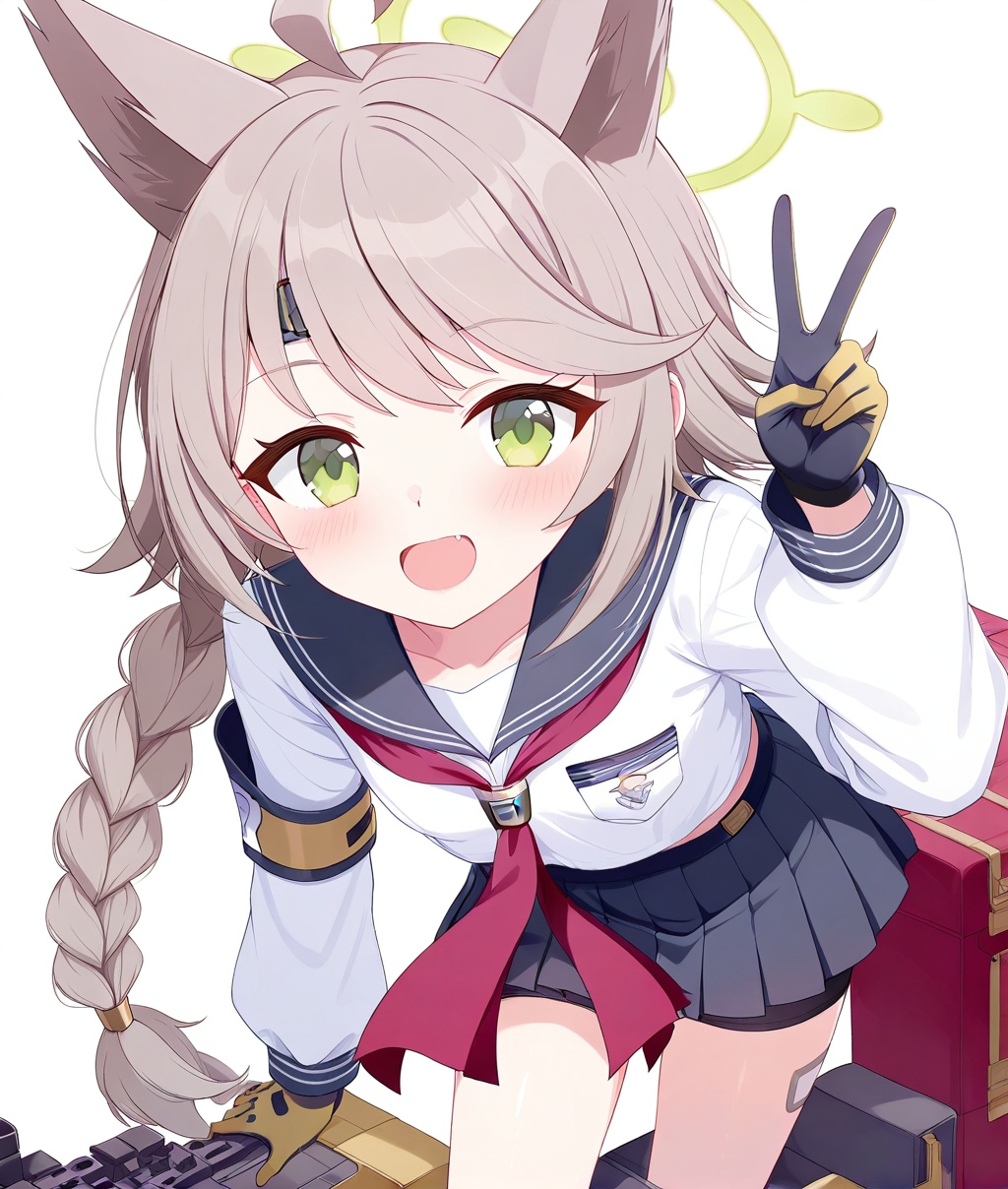 O,ultra detailed anime texture,Otogi(blue archive),Otogi(blue archive),1girl, solo, animal ears, skirt, green eyes, gloves, long hair, grey hair, ahoge, pleated skirt, school uniform, smile, looking at viewer, sailor collar, halo, bike shorts, braid, v, shorts, white background, serafuku, long sleeves, neckerchief, black skirt, red neckerchief, open mouth, simple background, black shorts, shirt, :d, white shirt, yellow gloves, animal ear fluff, single braid, black sailor collar, bag, blush, bangs, fang, very long hair, two-tone gloves, hairband,(UHD),accurate,super detail,award winning,high quality,best quality,high details,textured skin,anatomically correct,retina,HD,16k,