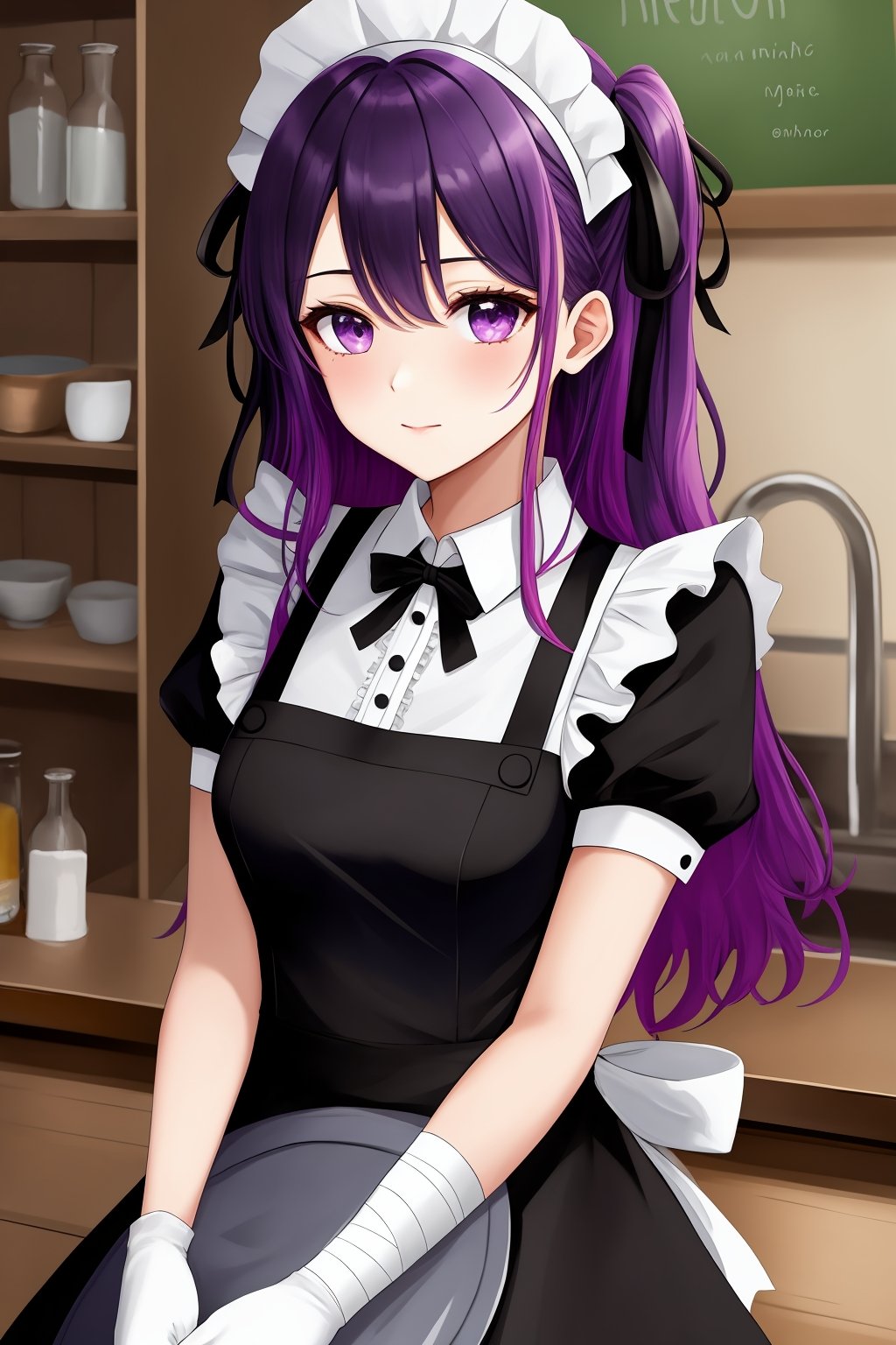 1girl,solo,long hair,looking at viewer,bangs,black hair,gloves,dress,ribbon,hair between eyes,closed mouth,purple eyes,purple hair,flower,multicolored hair,frills,black gloves,hand up,apron,black dress,two-tone hair,maid,maid headdress,neck ribbon,one side up,bandages,white flower,white apron,maid apron,frilled apron,yellow ribbon,colored inner hair,bandaged arm,collared dress,