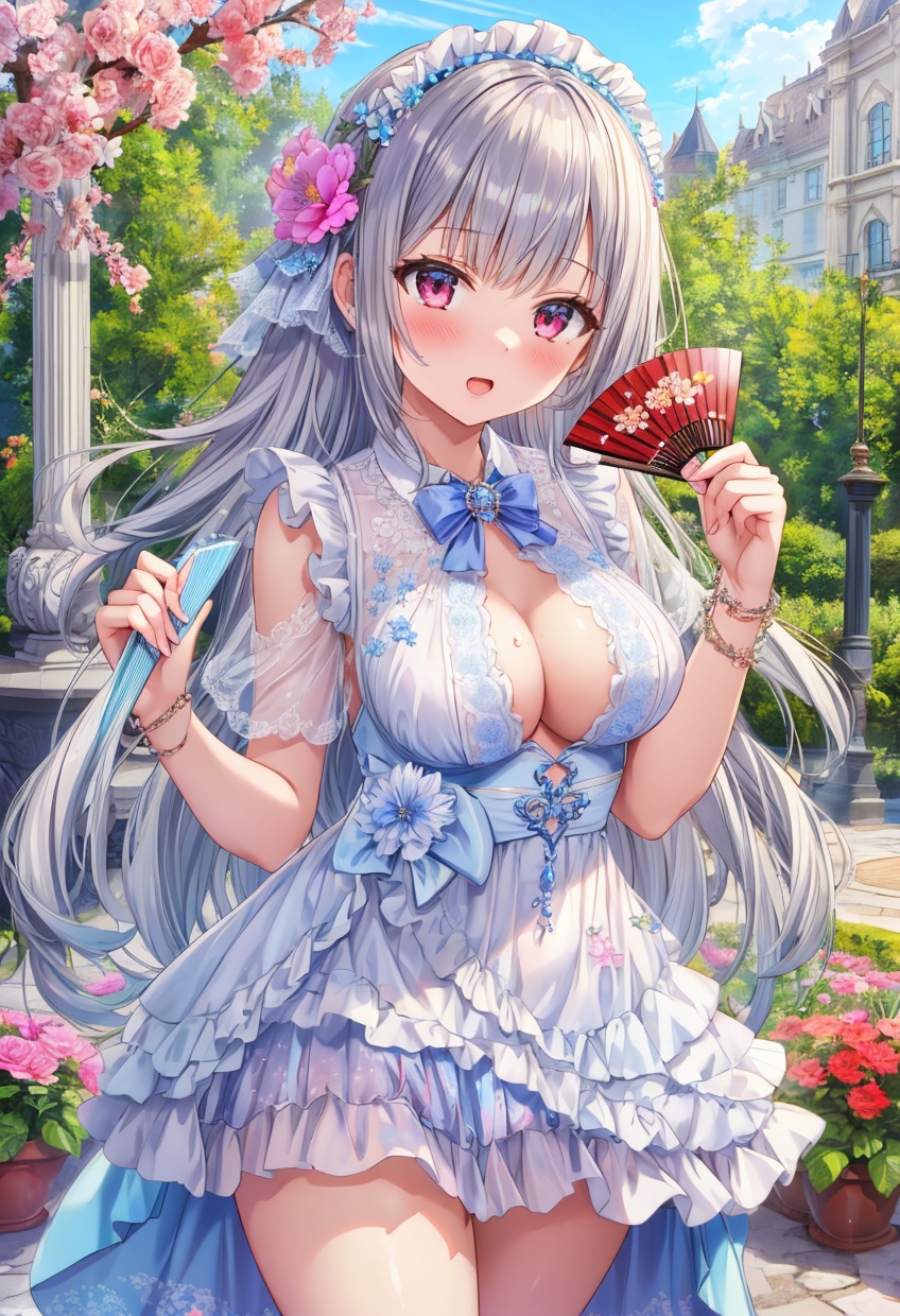 masterpiece,best quality,absurdres,1girl,beautiful detailed girl fine and beautiful detailed skin,extremely detailed beautiful background,CG,8K wallpaper,flower,holding_fan,orgasm,outdoors,layered_dress,frilled_dress,miniskirt,