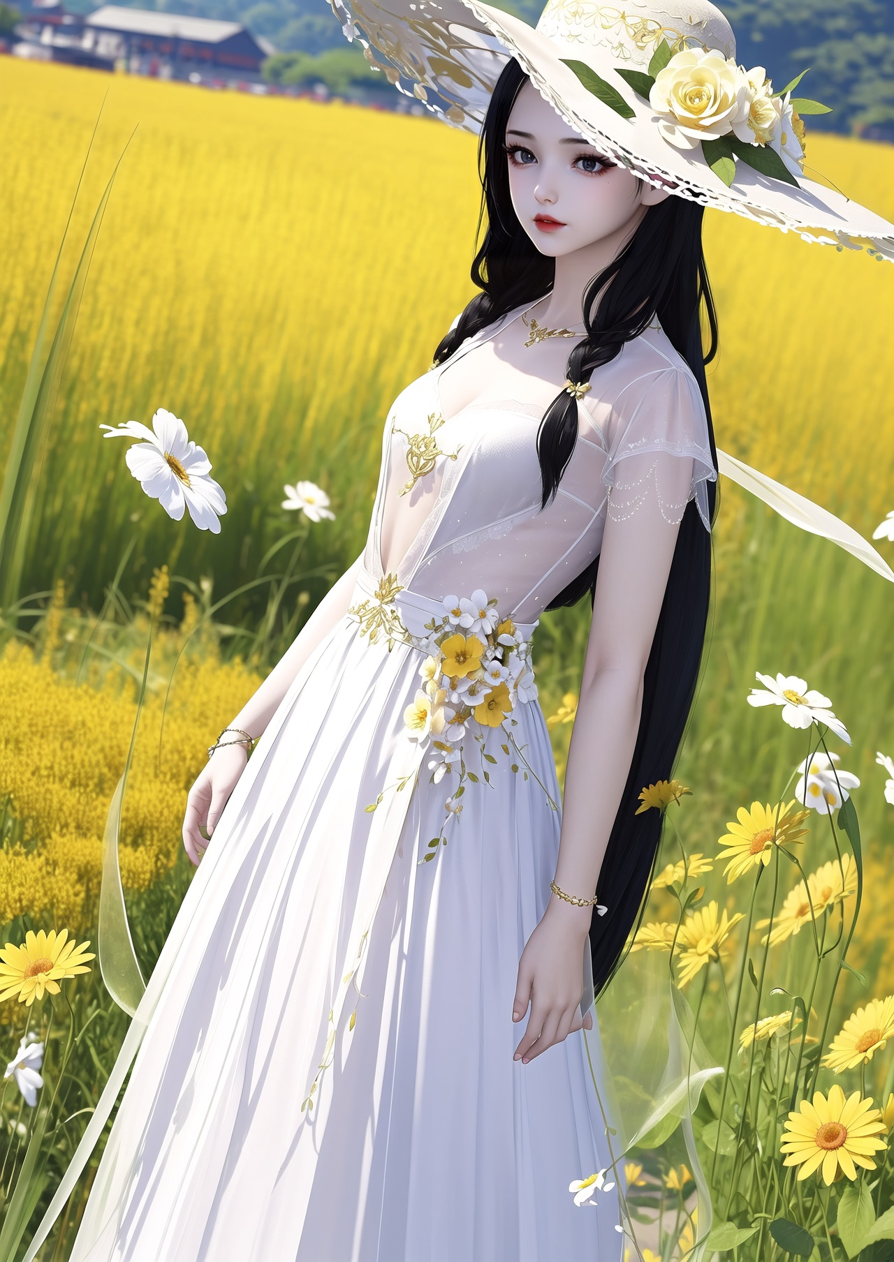 masterpiece,best quality,1girl,solo,long hair,black hair,field,flower,hair ornament,outdoors,white skirt,skirt,yellow flower,jewelry,hat,bracelet,dress,