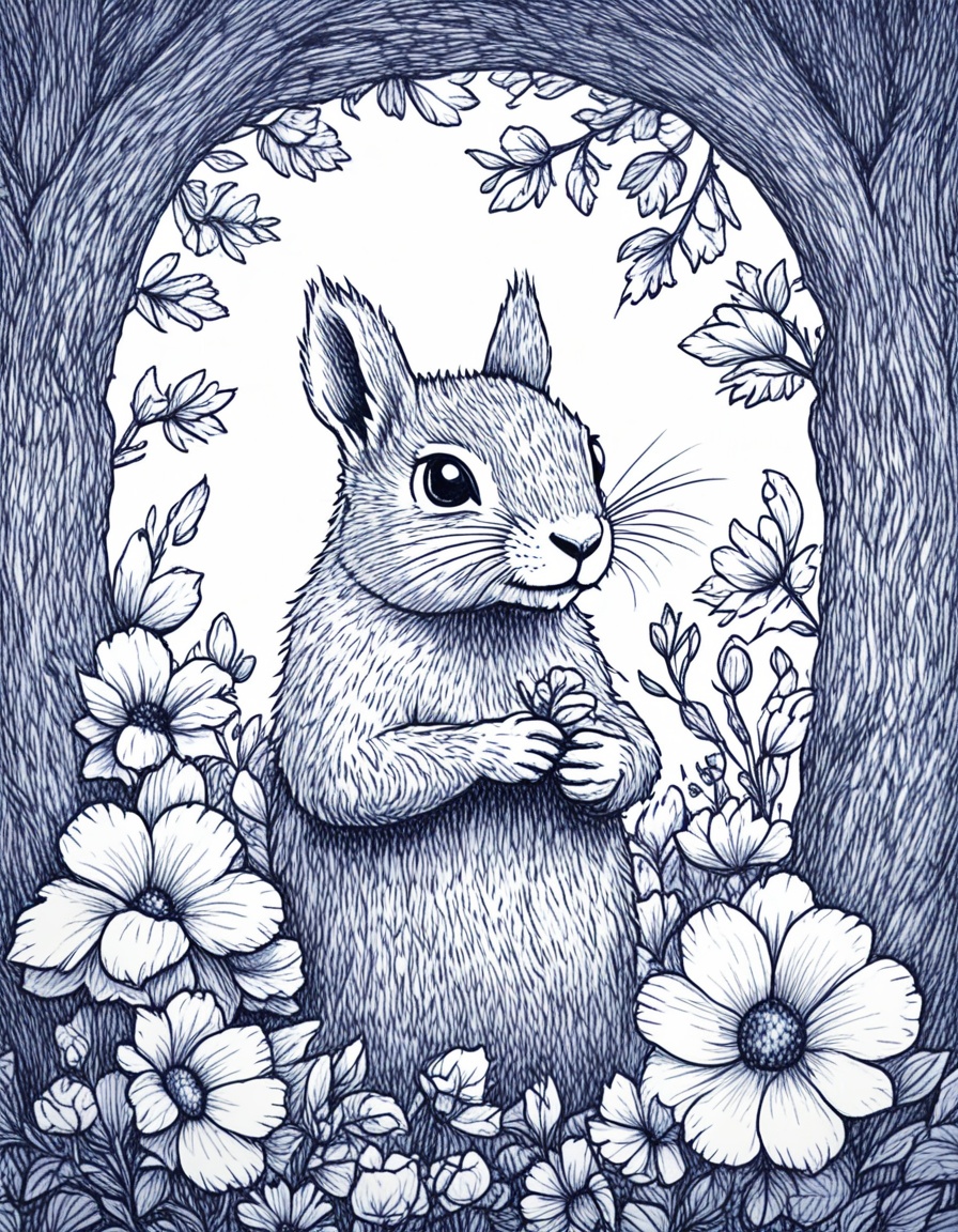 novuschroma42 style ballpoint pen drawing of squirrel sheep with flowers on Tensor.Art