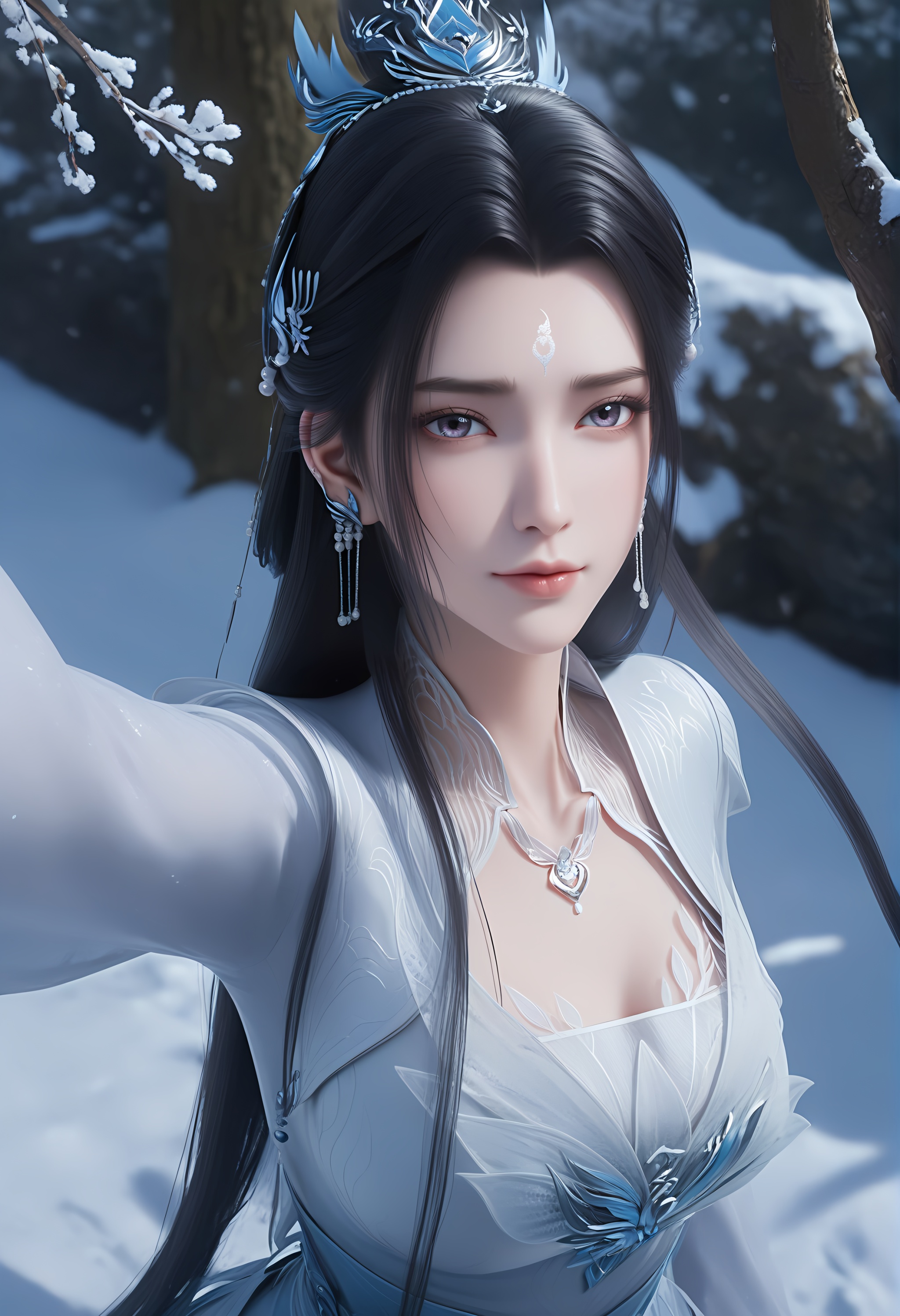 (score_9),<lora:陆雪琪2-Apony-000008:0.82>,luxueqi,1girl,solo,long hair,black hair,hair ornament,hair bun,updo,earrings,forehead mark,dress,jewelry,necklace,hair ribbon,belt,<lora:Expressive_H-000001:0.8>,light blush,front view,dutch angle,dynamic_angle,from above,selfie,v sign,closed mouth,mature female,collarbone,pointy breasts,puffy breasts,cleavage,<lora:e肤色滑块:0.35>,fair_skin,(pale_skin),(white_skin),light skin,ultra-detailed skin texture,detailed textures,BREAKsimple background,black background,in snow,Tyndall effect,available light,depth of field,tree,snowflakes,branch,twig,<lora:e色温:0.35>,4K ultra HD,sharp focus,high detail,natural lighting,high contrast,