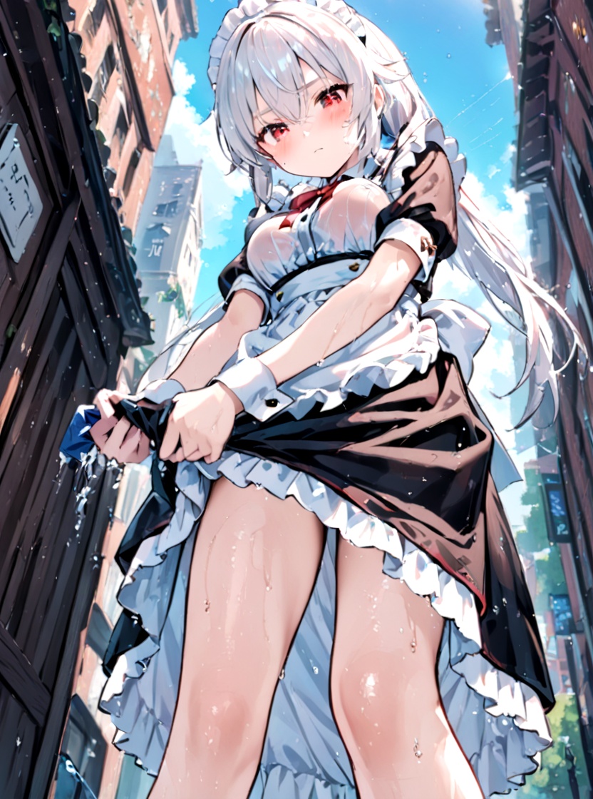1girl,solo,red eyes,wet,dress,long hair,wringing clothes,maid,from below,twintails,maid headdress,blush,apron,frills,wrist cuffs,outdoors,black dress,short sleeves,bow,wet clothes,standing,bangs,white hair,looking at viewer,looking down,breasts,maid apron,ribbon,bowtie,frilled dress,hair between eyes,red bow,white apron,low twintails,building,red ribbon,puffy sleeves,day,feet out of frame,red bowtie,medium breasts,frilled apron,closed mouth,