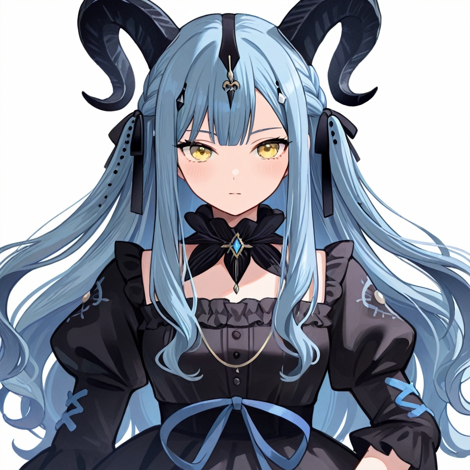 masterpiece, best quality,solo,(white background:1.2),simple background,1girl,looking at viewer,          togawa sakiko,bangs,ribbon,hair ribbon,black ribbon,two side up,blue hair,grey hair,sidelocks,blunt bangs,yellow eyes,long hair,wavy hair,shirt, gloves,dress,pantyhose,boots,black gloves,black footwear,high heels,black pantyhose,thighhighs, dress,tail, horns, black dress,hair ornament,<lora:舟祥ill10:0.8>