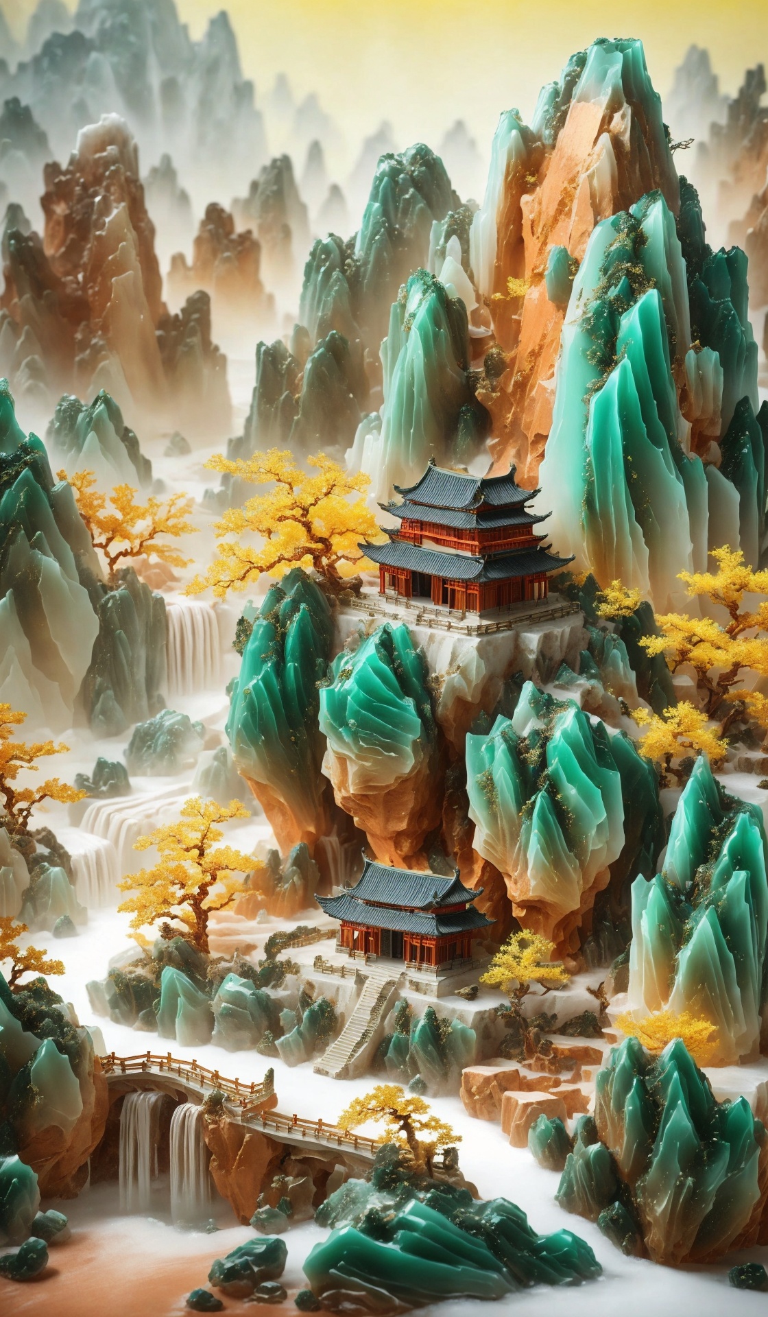 Miniature landscape, Chinese three-dimensional landscape painting, Zen aesthetics, Zen composition, Chinese architectural complex, red copper mine, ore crystallization, red mountains, flowing particles, macro lens, rich light, luminous mountains, mountains, clouds, minimalism, extreme details, incomparable details, film special effects, lifelike, 3D rendering, fine details