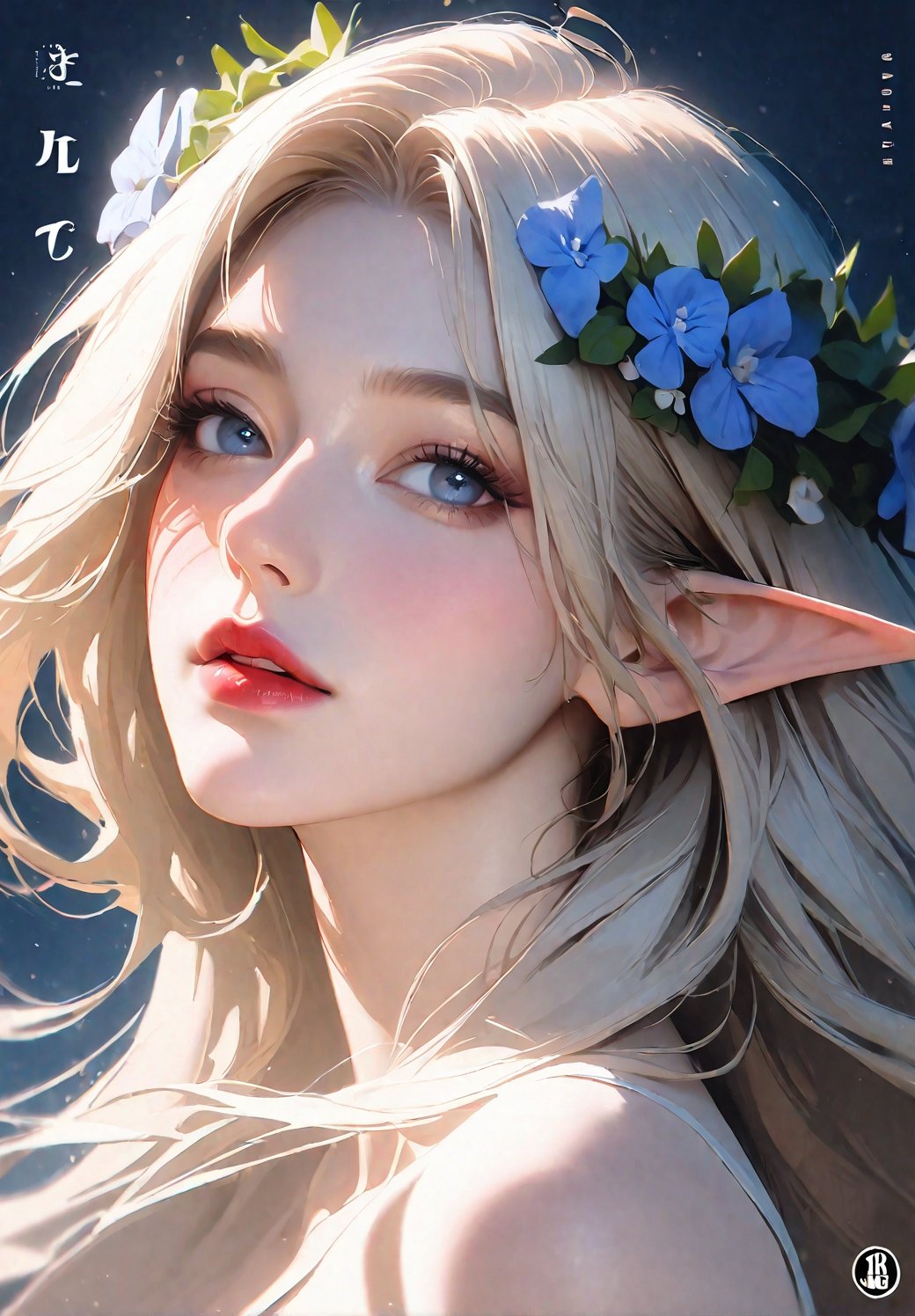 1girl,solo,elf,[white hair|blonde hair],long hair,head wreath,parted bangs,(mature female:1.2),large breasts,lips,pointy ears,floating hair,red lips,blue eyes,portrait,cover page,[[realistic]]masterpiece,newest,absurdres,sensitive,very aesthetic,<lora:fashigirl-v2-sdxl-7ep:0.75>,