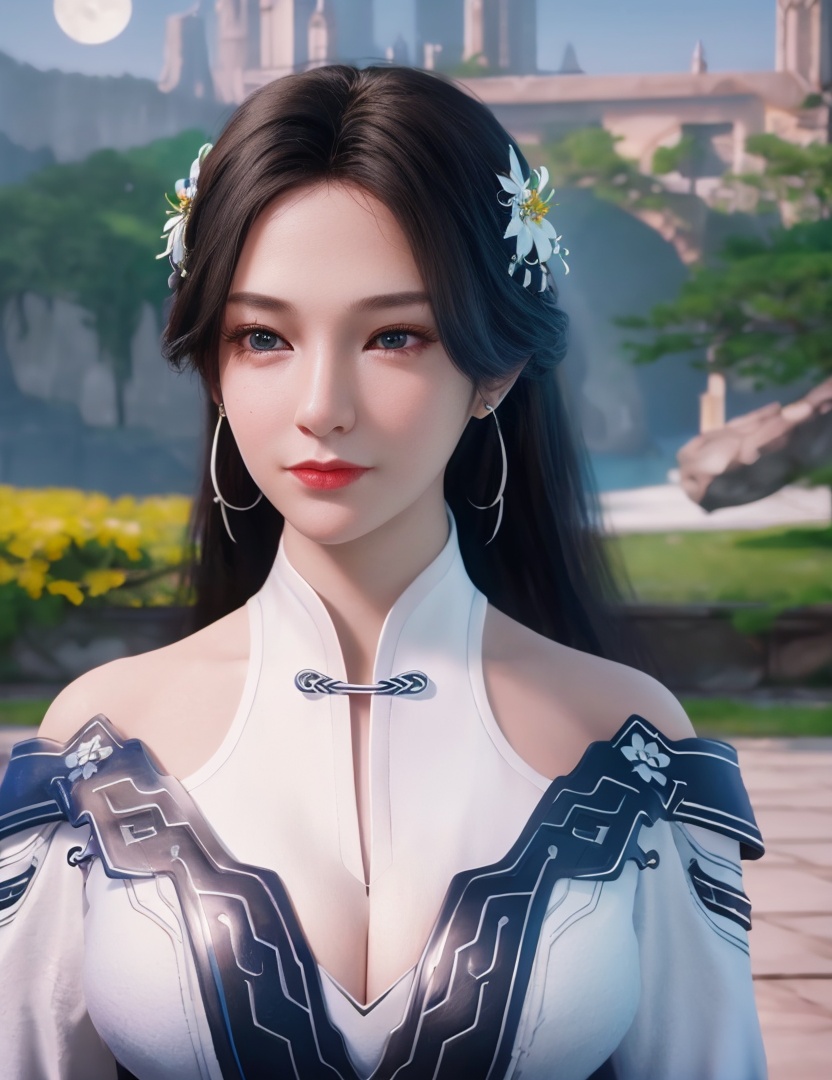 <lora:518-DA-遮天-李小曼:0.8>(,1girl, ,best quality, ),looking at viewer,  ,,ultra detailed background,ultra detailed background,ultra realistic 8k cg, ,masterpiece, (( , )),, realistic,science fiction,mole, ultra realistic 8k cg, ,     ,crescent moon, jasmine \(flower\),     (cleavage), (),