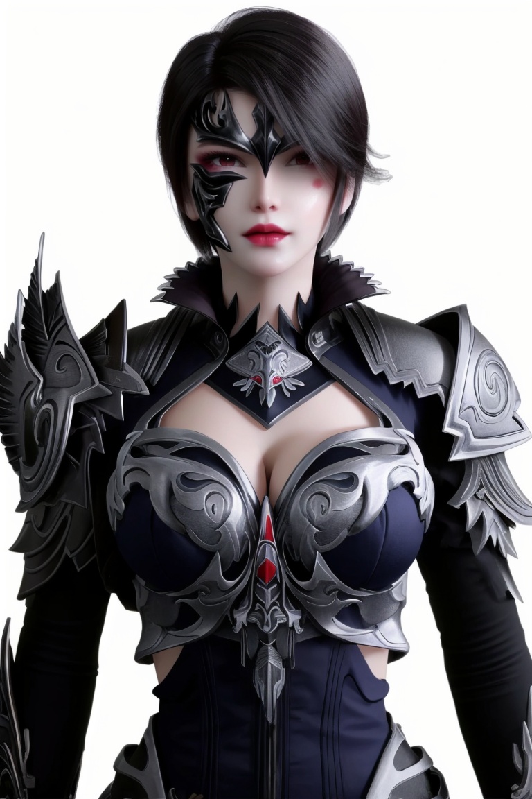 ((HRD, HUD, 8K)),((masterpiece, best quality)), highly detailed, soft light,1girl, solo, mask, short hair, black hair, red eyes, lips, red lips, makeup,breasts, cleavage, medium breasts,armor, shoulder armor, simple background, white background, upper body, standing, looking at viewer,  <lora:20240405-1712280500487:0.7>