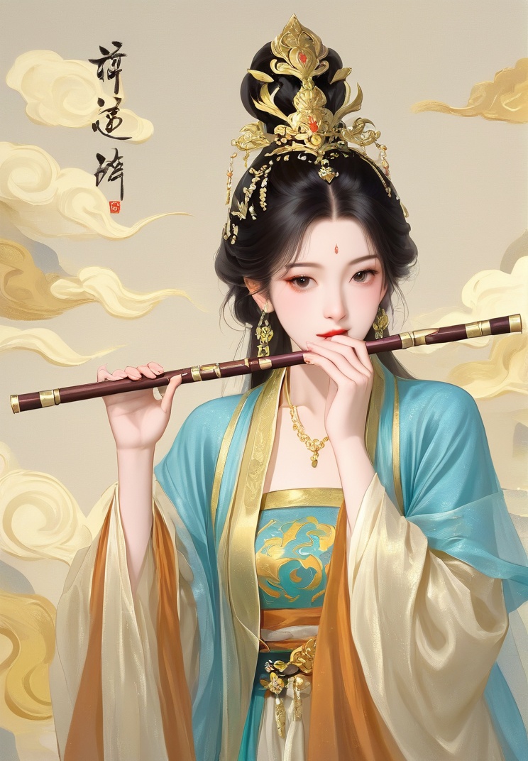 Dunhuang painting style,chinese traditional painting,This is a Dunhuang grotto murals painting in a traditional Chinese style, depicting a serene, ethereal woman with long, flowing black hair adorned with a golden crown. She wears a flowing, ornate brown and gold outfit, playing a flute. Her expression is calm, and she floats against a textured, muted brown and beige background with wispy, cloud-like patterns.<lora:Nephrite Nymph(IL):0.3>Nephrite Nymph c <lora:20250612-1749733143985:1c0.3>