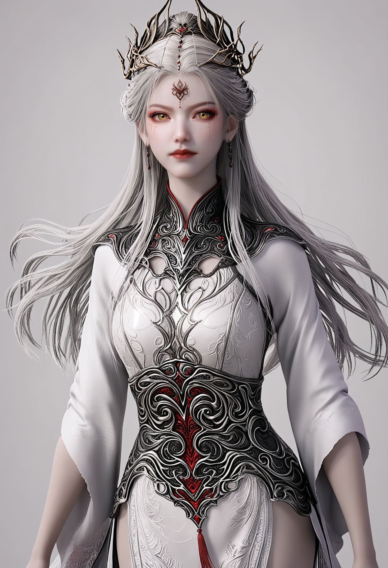score_9,high detail,best quality,shiny skin,shiny,asxieshen,1girl,solo,yellow eyes,long hair,white hair,white background,realistic,closed mouth,jewelry,dress,hair ornament,earrings,simple background,facial mark,forehead mark,white dress,makeup,wide sleeves,red lips,looking at viewer,thighs,<lora:QQSponyasxieshenV1:0.8>,<lora:Pony_DetailV2.0:0.8>,<lora:皮肤凹痕:0.1>,