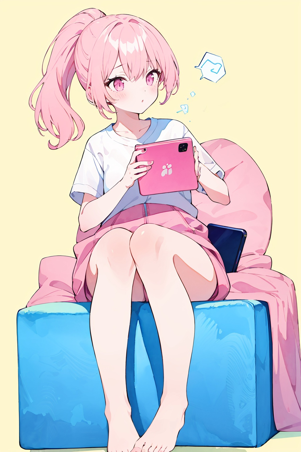 masterpiece,bright,high quality,1girl,sportswear,yellow background,no shirt,head lift,air bubble,Ultra-Wide Angle,solo,light pink hair,pony_tail,hair_censor,bare_feet,long_legs,((holding pink smart phone)),watercolor_(medium),watercolor,cozy anime,