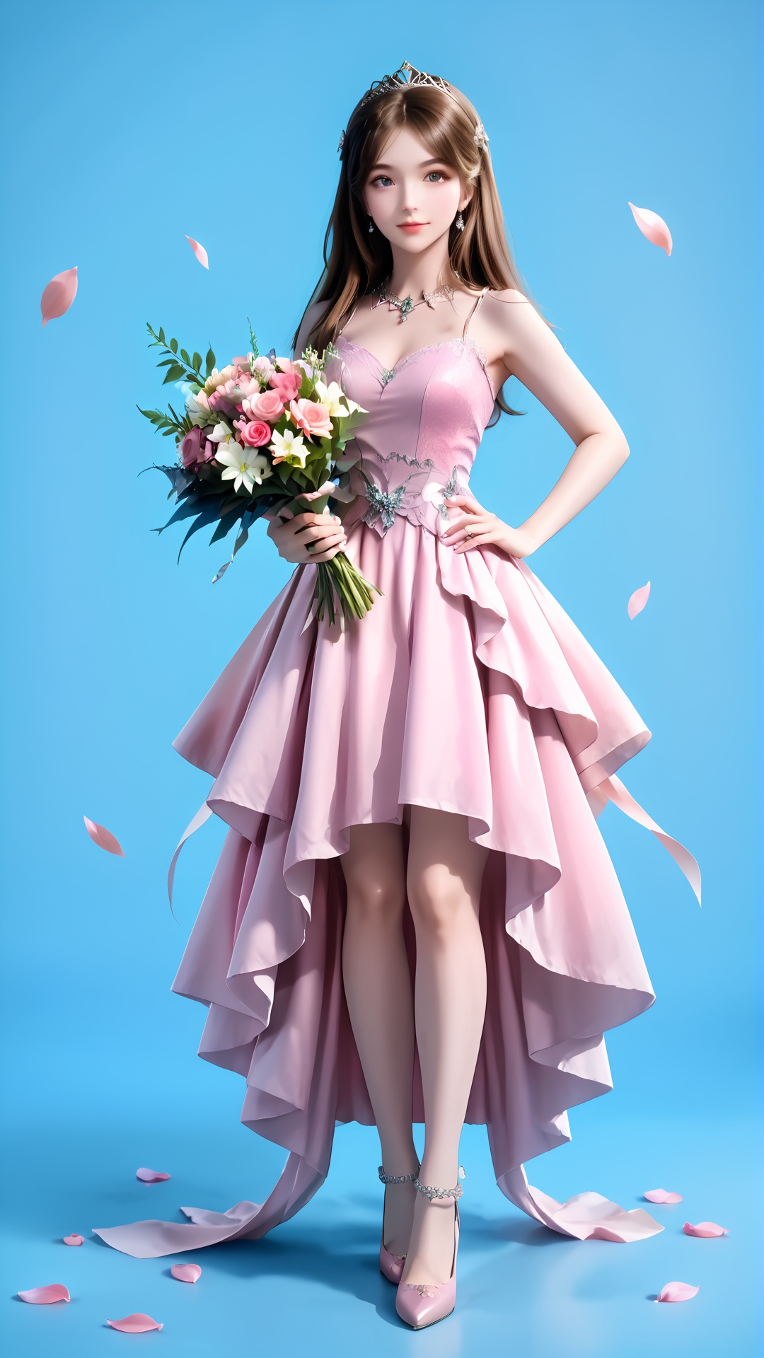 1girl,solo,flower,bouquet,brown hair,hand on hip,dress,full body,petals,long hair,tiara,holding bouquet,holding,pink dress,blue background,looking at viewer,skirt,standing,jewelry,<lora:pony宁荣荣-000008:0.8>,