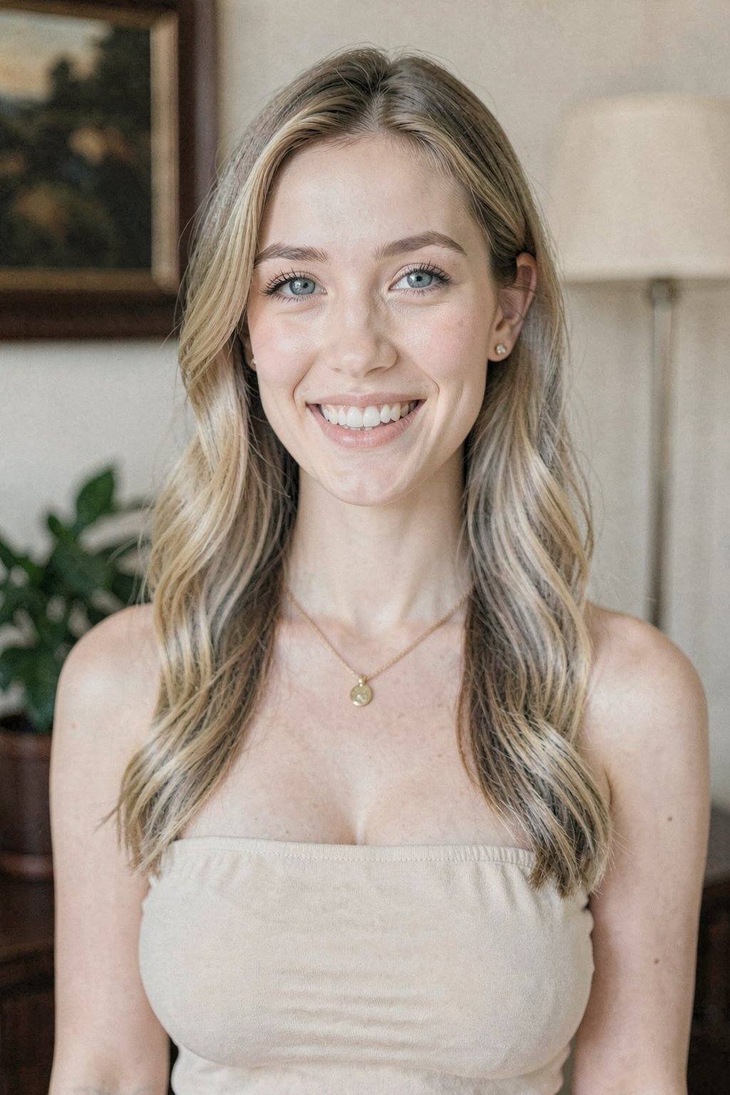 This is a high-resolution photograph of a young woman with a fair complexion and light blonde, wavy hair that falls past her shoulders. She has striking blue eyes and is smiling warmly, showcasing her straight, white teeth. She is wearing a simple, strapless beige top that highlights her slender, toned shoulders and upper arms. Her makeup is minimal, accentuating her natural beauty with a touch of blush and light lipstick.She is accessorized with small, round stud earrings and a delicate necklace with a small pendant. Her earrings are gold, matching the subtle gold tone of her necklace. The background is softly blurred, indicating a focus on her. The blurred background suggests an indoor setting with a warm, ambient lighting. A dark wooden frame of a painting is partially visible in the background, along with a potted plant and a tall floor lamp with a beige shade, adding a touch of warmth and coziness to the scene. The overall atmosphere is relaxed and inviting, with a focus on the subject’s natural beauty and the soft, warm lighting enhancing the intimate feel of the image.