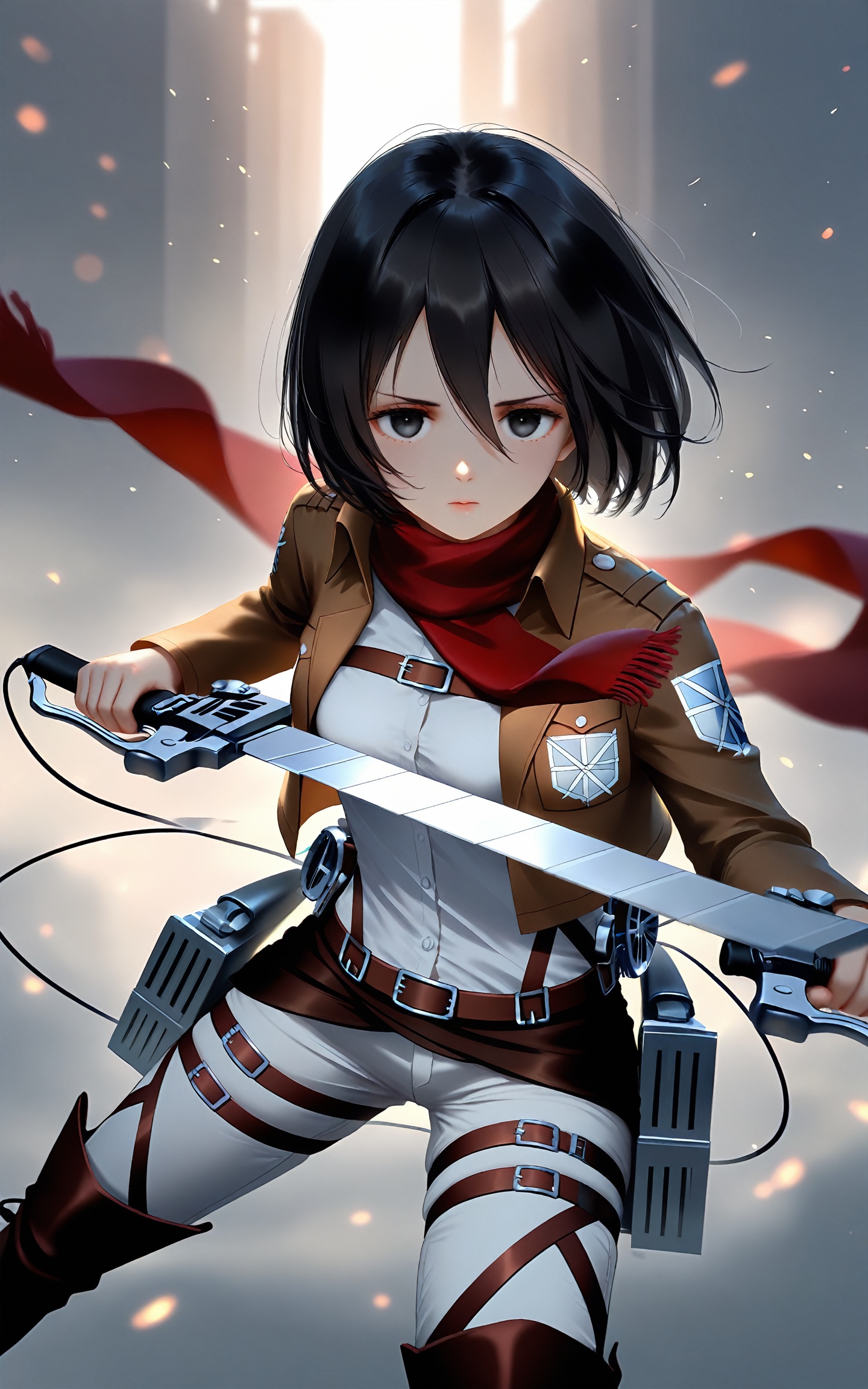1girl, solo, short hair, black hair, holding, jacket, weapon, boots, belt, sword, scarf, black eyes, thigh strap, dual wielding, emblem, paradis military uniform, three-dimensional maneuver gear, training corps \(emblem\), mikasa ackerman ,backlighting,depth of field,cinematic lighting,light particles,lens flare, extreme aesthetic,(wlop:0.8),masterpiece,best quality,good quality,newest,very aesthetic,absurdres,A shot with tension, 32K UHD,sharp focus,best-quality,masterpiece,Emotionalization,temperate atmosphere,with a high-end texture,in the style of fashion photography, (Visual impact:1.2),impactful picture,offcial art,colorful,movie perspective, masterpiece