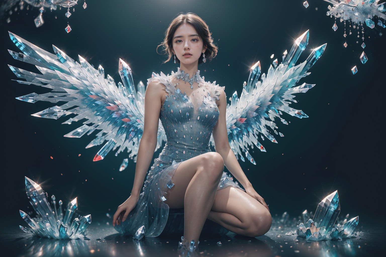 (best quality:1.4),(masterpiece:1.4),(photorealistic:1.4),(Realistic:1.2),(ultra high res, raw photo:1.4),(hdr, hyperdetailed:1.2),(8K:1.2),cinematic photo 1girl,smile,sitting,(crystalz dress:1.4),(crystalz wing:1.4),<lora:Again_Crystalz:1>,