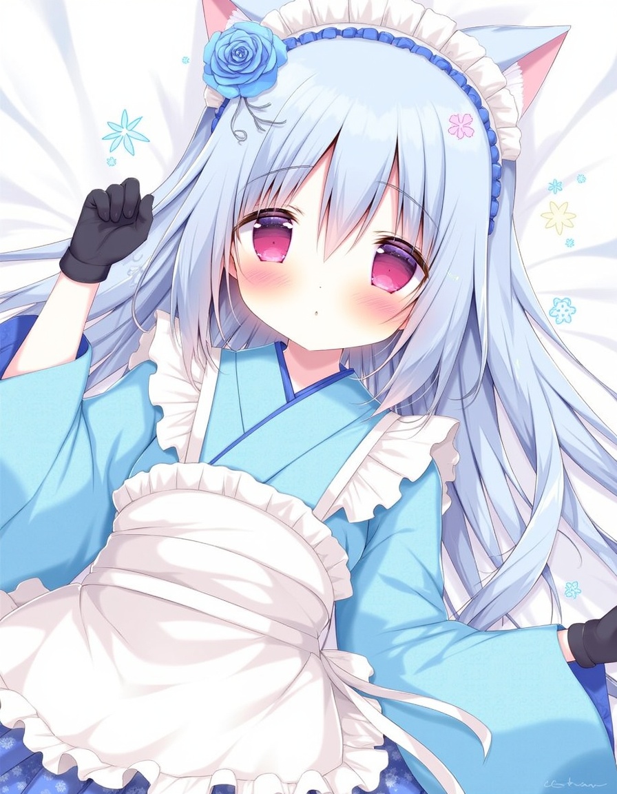 shiratama_(shiratamaco), commentary_request, highres, 1girl, :o, apron, bed_sheet, black_gloves, blue_flower, blue_hair, blue_kimono, blue_rose, blush, cat_hair_ornament, flower, frilled_apron, frilled_gloves, frilled_kimono, frills, gloves, hair_between_eyes, hair_flower, hair_ornament, hand_up, japanese_clothes, kimono, long_hair, long_sleeves, looking_at_viewer, lying, obi, on_back, red_eyes, rose, sash, solo, very_long_hair, waist_apron, white_apron, wide_sleeves, , original, year_2022,, <lora:flux-Shiratamaco-000006:1>