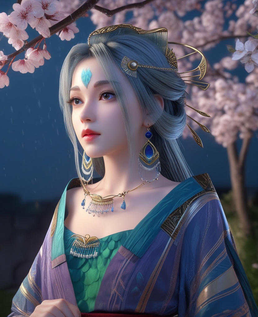 <lora:571-DA-XL-眷思量-奉眠:0.8>(,1girl, ,best quality, ),looking at viewer, ,ultra detailed 8k cg, ultra detailed background,  ultra realistic 8k cg,          cinematic lighting, cinematic bloom, (( , )),,  , unreal, science fiction,  luxury, jewelry, diamond, pearl, gem, sapphire, ruby, emerald, intricate detail, delicate pattern, charming, alluring, seductive, erotic, enchanting, hair ornament, necklace, earrings, bracelet, armlet,halo,masterpiece, (( , )),,  ,cherry blossoms,(((, night,night sky,,  ultra high res, (photorealistic:1.4), raw photo, 1girl, , rain, sweat, ,wet, )))(( , ))   (cleavage), (),