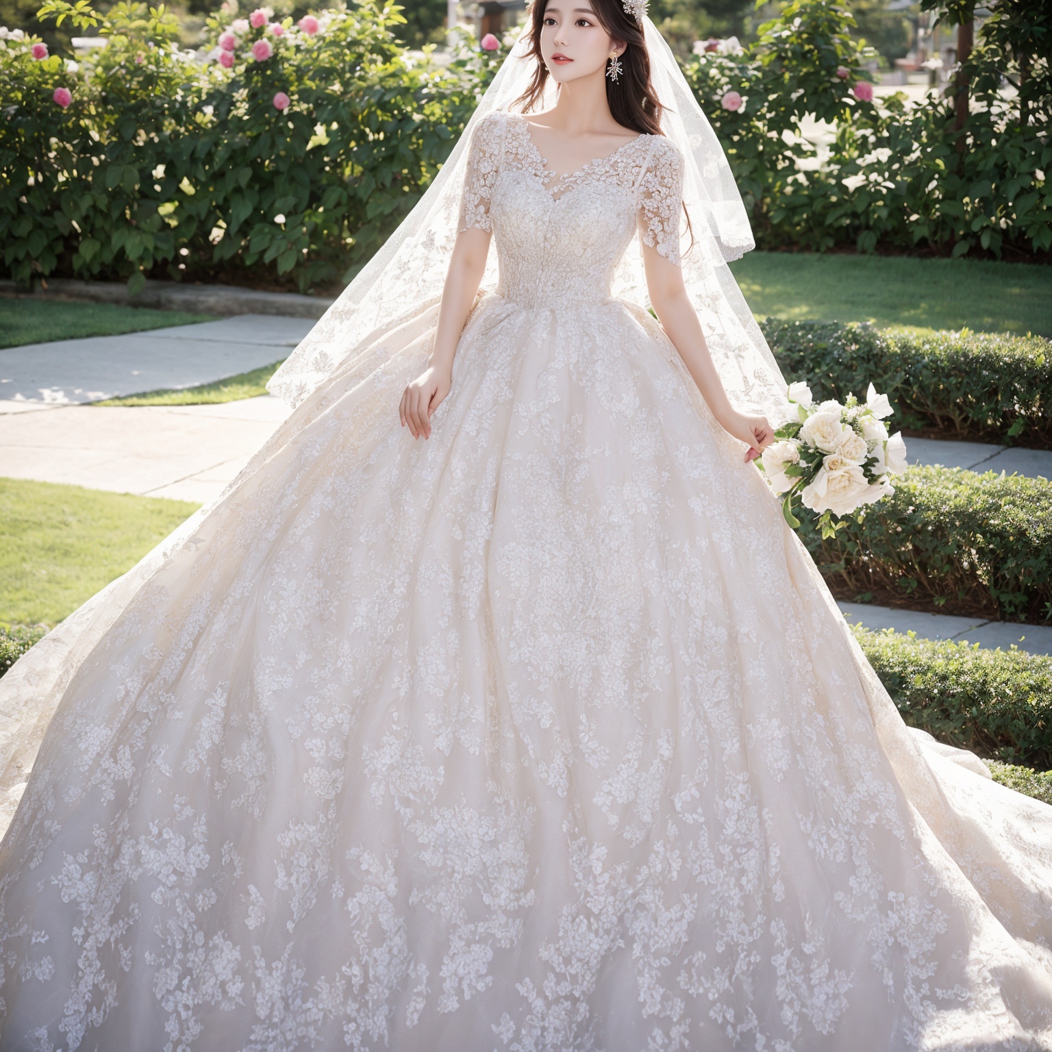 Best Quality,Masterpiece:1.4),(Realism:1.2),(Realisitc:1.2),4K,(photorealistic:1.3),1girl, white wedding dress,long dress,outdoors, flower,  jewelry,print,(Long Wavy Hair),hunsha,veil,Earrings,Jewelry,Tindal Light,  <lora:YG梦中婚纱5:0.7>,