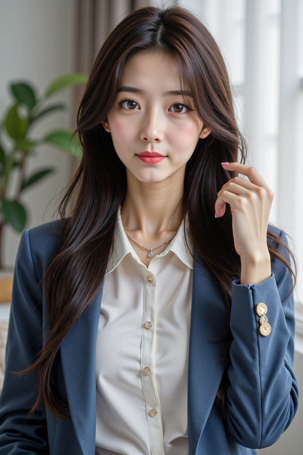 This is a highly realistic digital illustration of a young Asian woman with fair skin and long, straight, dark brown hair. She has delicate features, large expressive eyes with subtle makeup, and red lips. She is wearing a white button-up blouse under a blue blazer with gold buttons, and a silver necklace. Her right hand is gently touching her hair, adorned with a small hair accessory. The background is a softly lit, minimalistic room with a green plant on the left.