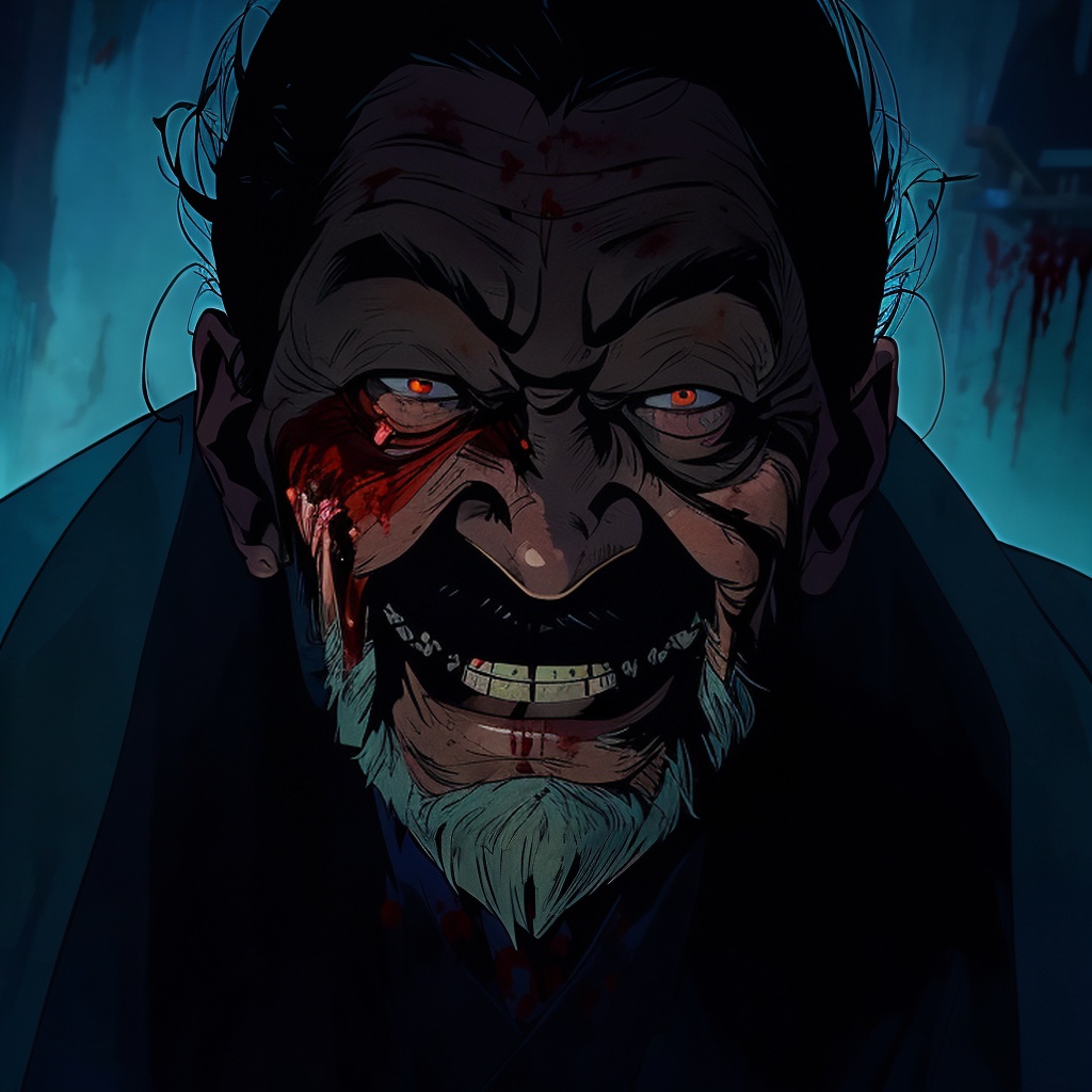 (masterpiece:1.2),best quality,8k wallpaper,anime,gnawo,dark,1boy,solo,looking at viewer,(red eyes:0.5),black hair,teeth,blood,blood on face,old man,mustache,