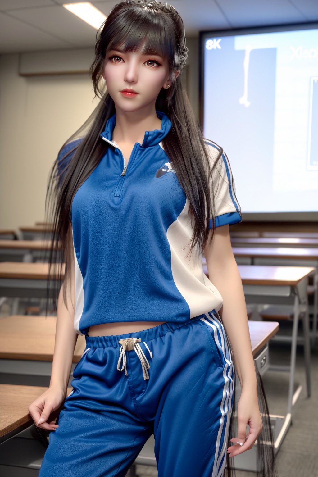 (8k, RAW photo,  masterpiece:1.2),solo,(super realistic, photo-realistic:1.3), ultra-detailed, extremely detailed cg 8k wallpaper,hatching (texture),skin gloss,light persona,(crystalstexture skin:1.2), (extremely delicate and beautiful),lecture hall,textbooks, professor ,1girl,long_hair, solo, very_long_hair,looking_at_viewer, blue pants,blue shirt,track pants,track suit,white shirt, xwhd,1lsxf-hd,<lora:83xwxf-000016:0.8>