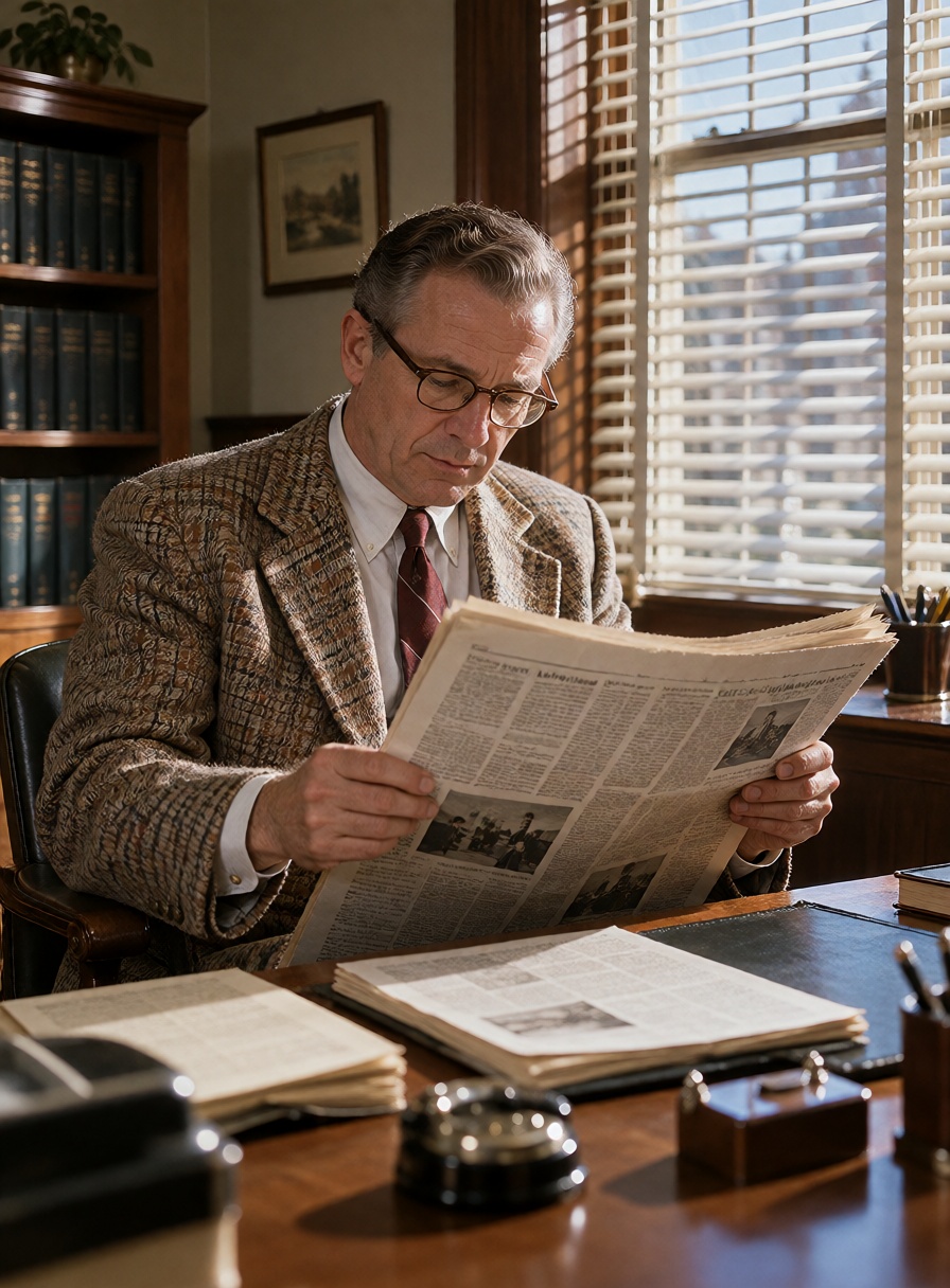 A detective in his office reading the newspaper nearby the window with venetian blinds on Tensor.Art