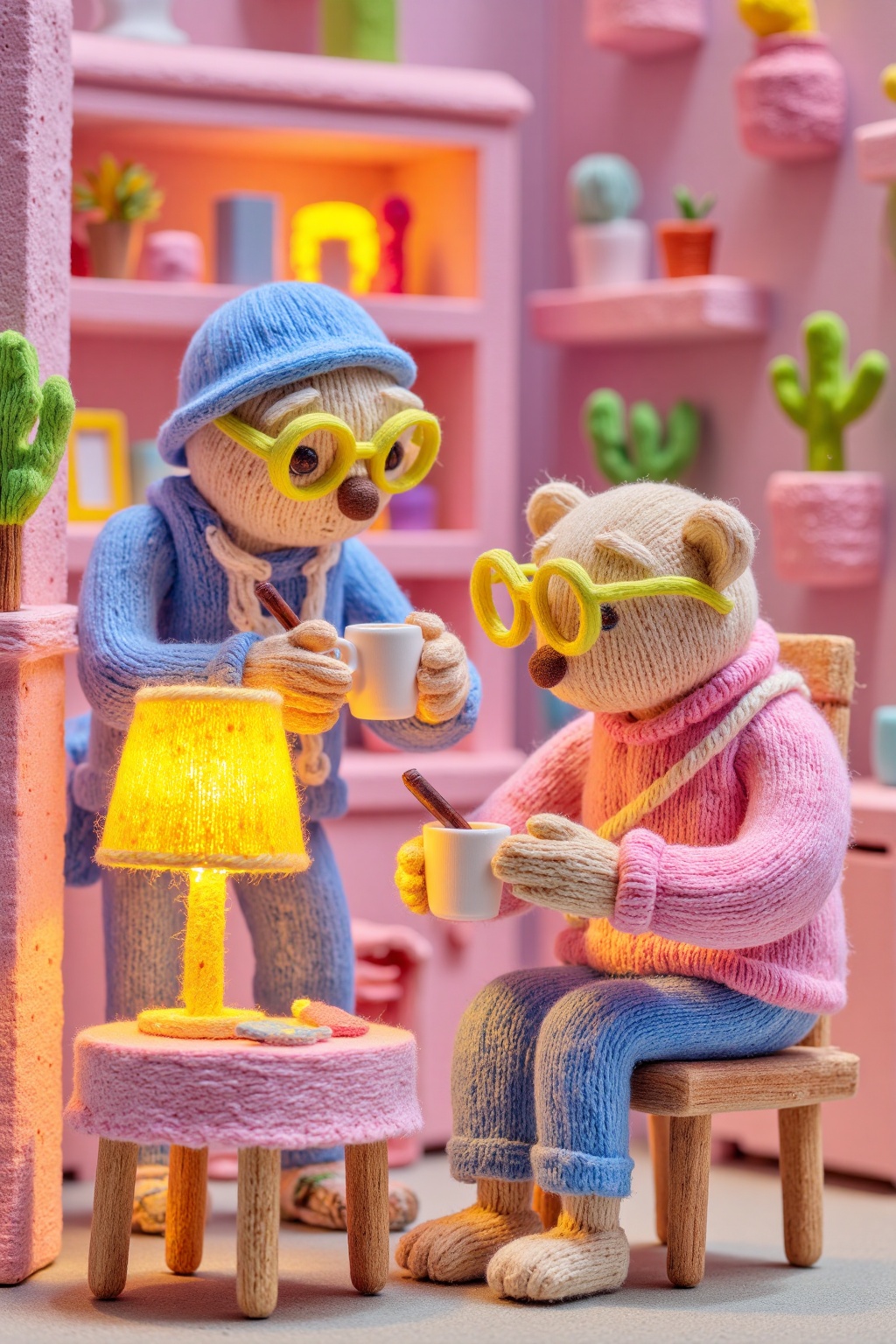 beijihui,Captured at eye-level, a close-up shot of two stuffed animals interacting in a cozy setting. One is dressed in a pink knitted sweater and pants, seated on a brown wooden stool, holding a pen in its right hand and gesturing with its left. The other animal, wearing a blue knitted cap and yellow glasses, leans in while holding a white coffee mug with both hands. A sense of warm communication is conveyed between them. To their left, a small table with a yellow lamp casts a soft glow, adding warmth and color to the scene. The pink wall in the background is adorned with colorful knick-knacks, enhancing the playful, handcrafted atmosphere.