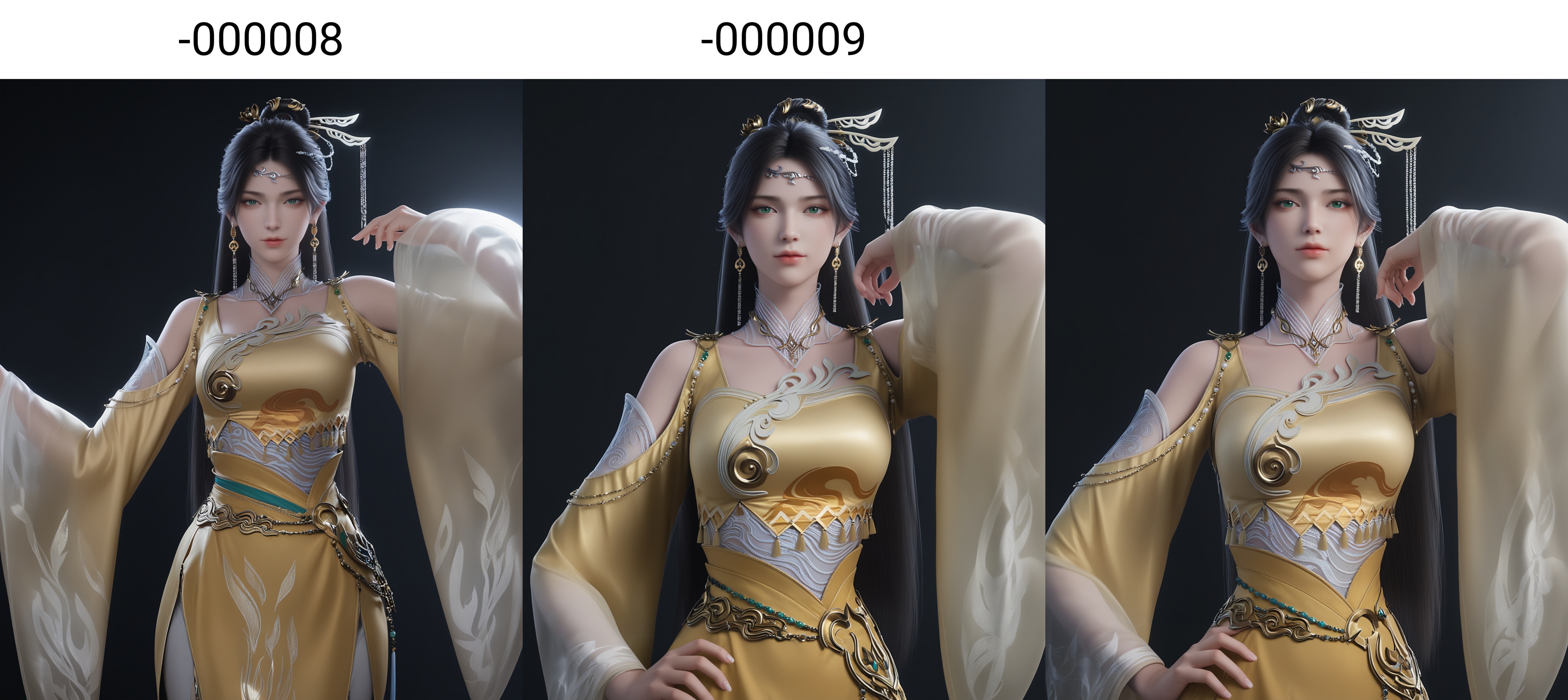 masterpiece,best quality,absurdres,highres,BREAK(glamor:1.1),slender,1girl,solo,<lora:金瓶儿-ill-000008:0.82>,jingpinger,long hair,black hair,hair ornament,earrings,jewelry,green eyes,shoulder cutout,wide sleeves,yellow dress,see-through,looking at viewer,front view,standing,BREAKsimple background,black background,rim light,Tyndall effect,Volumetric Lighting,Cinematic Lighting,realistic,depth of field,