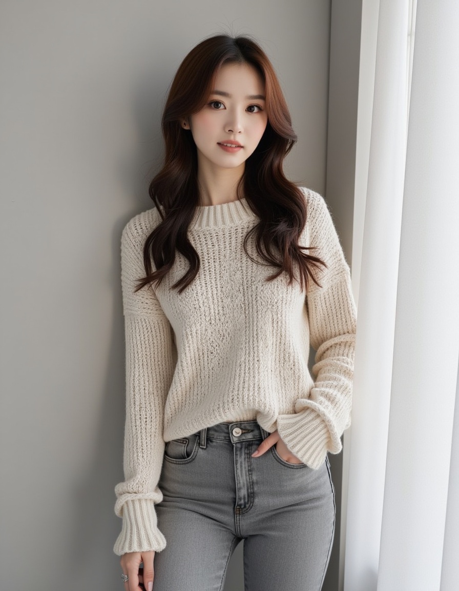 a real picture of a south korea woman,knit sweater,grey_jeans,