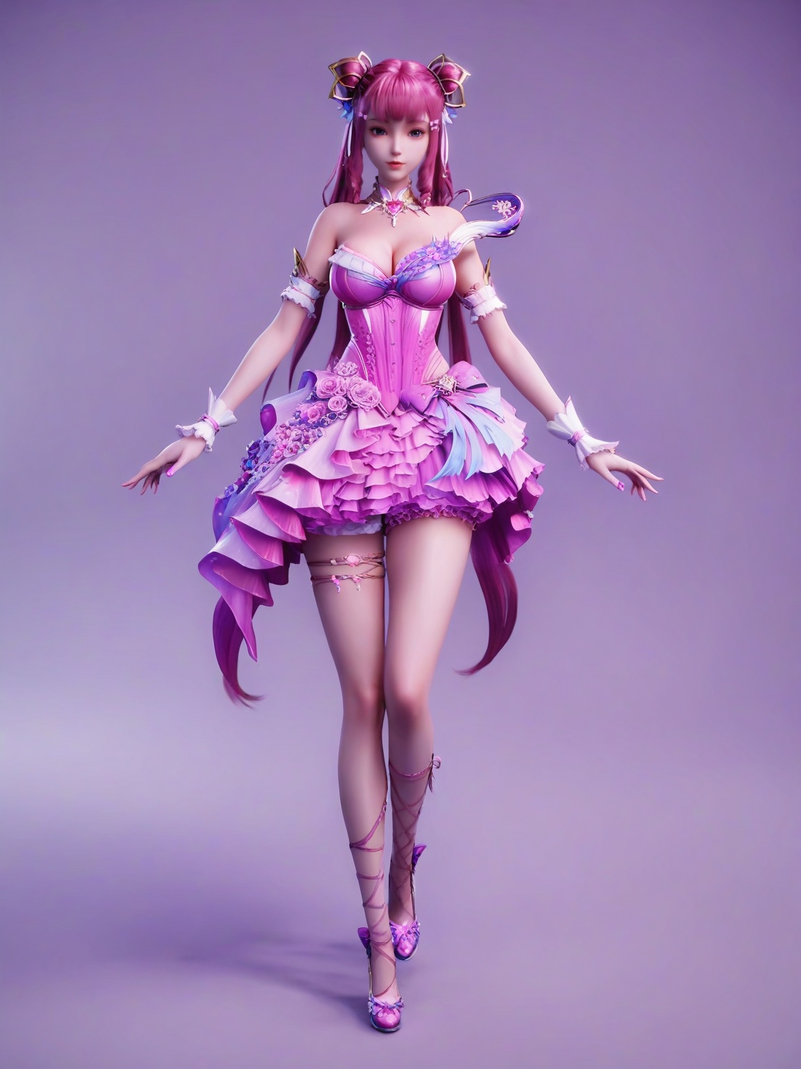 score_9,<lora:SF_ChenYingErSecondClothes_Pony_Realism2.3-000004:0.7>,hair ornament,pink dress,1girl,breasts,large breasts,standing,solo,looking at viewer,simple background,