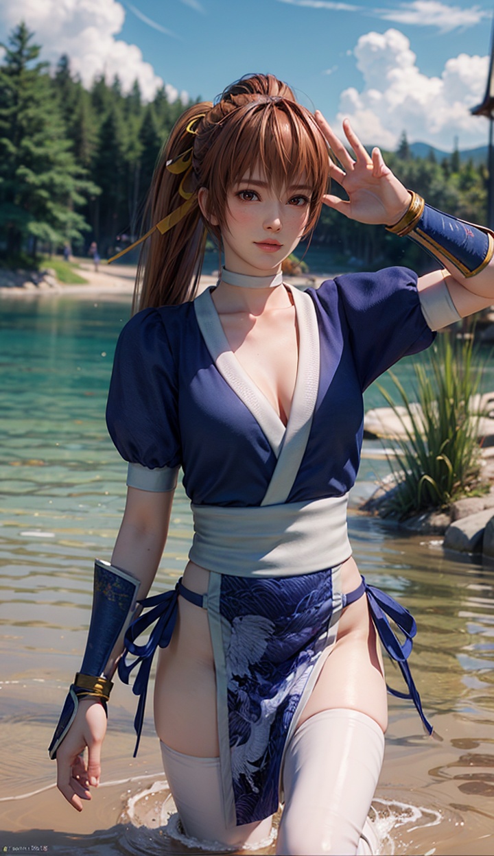 kasumi,1girl,solo,medium breasts,closed mouth,Best quality,masterpiece,ultra high res,high quality,8k,wallpaper,fine lineart,highly detailed,absurdres,(perfect fingers:1.1),(perfect hands:1.1),<lora:kasumisuit4r-000005:0.8>,pelvic curtain,arm guards,shin guards,<lora:add_detail:0.3>,(water:1.1),(wading:1.1),looking at viewer,(blush:1.2),upper body,(waving:1.1),