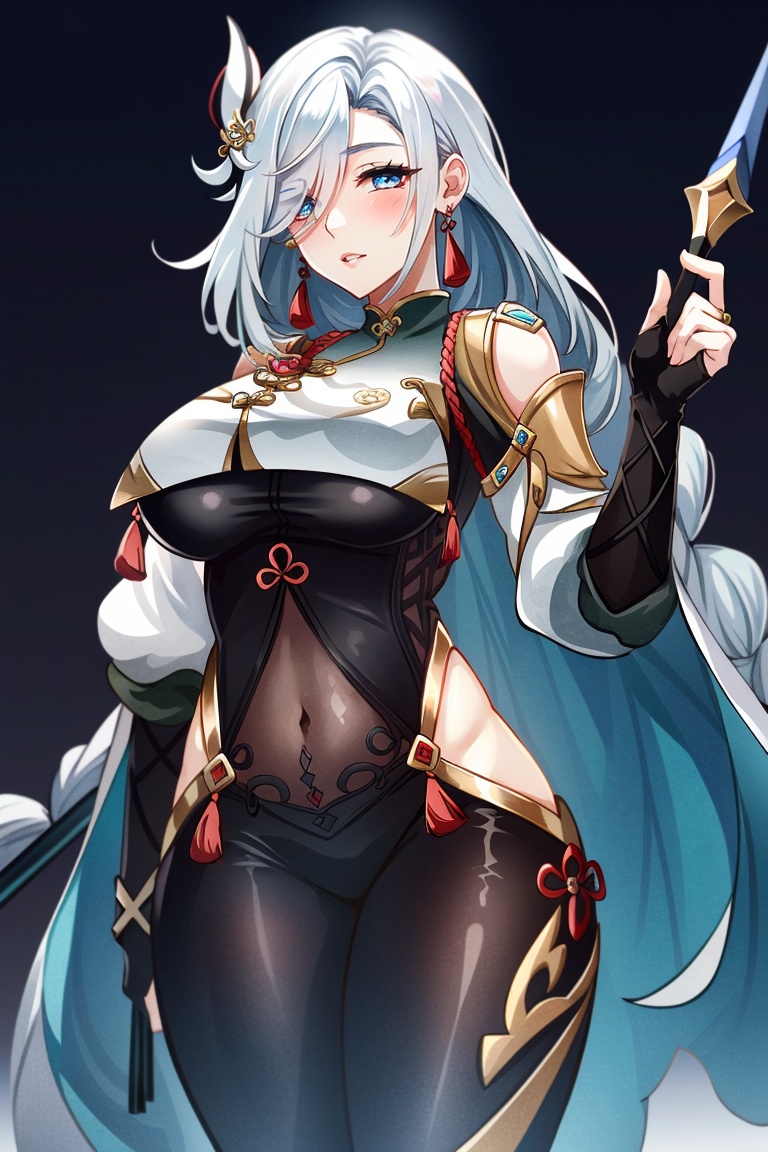 ((HRD, HUD, 8K)),((masterpiece, best quality)), highly detailed, soft light,ShenHe, 1girl, solo, shenhe (genshin impact), long hair, weapon, blue eyes, breasts, braid, hair over one eye, hair ornament, bodysuit, covered navel, breast curtain, polearm, braided ponytail, looking at viewer, holding, very long hair, tassel, large breasts, gloves, holding weapon, white hair, hip vent, shoulder cutout, black bodysuit, bangs, clothing cutout, partially fingerless gloves, parted lips, black background, cowboy shot, gold trim, black gloves, tassel earrings, blush, holding polearm, puffy sleeves, jewelry, earrings, standing, single braid, thighs,  <lora:20240630-1719732786968:0.75>