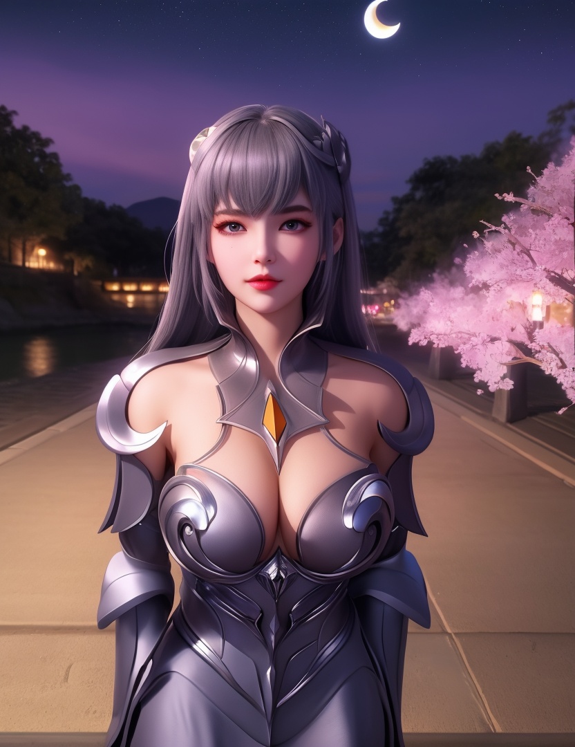 <lora:532-DA-斗罗大陆-叶泠泠:0.8>(,1girl, ,best quality, ),looking at viewer,masterpiece,(( , )),, realistic,science fiction,mole,,ultra realistic 8k cg,     ,cherry blossoms,,night, night sky, crescent moon, moonlight,,(facing viewer, looking at viewer, , ),  (cleavage), (),