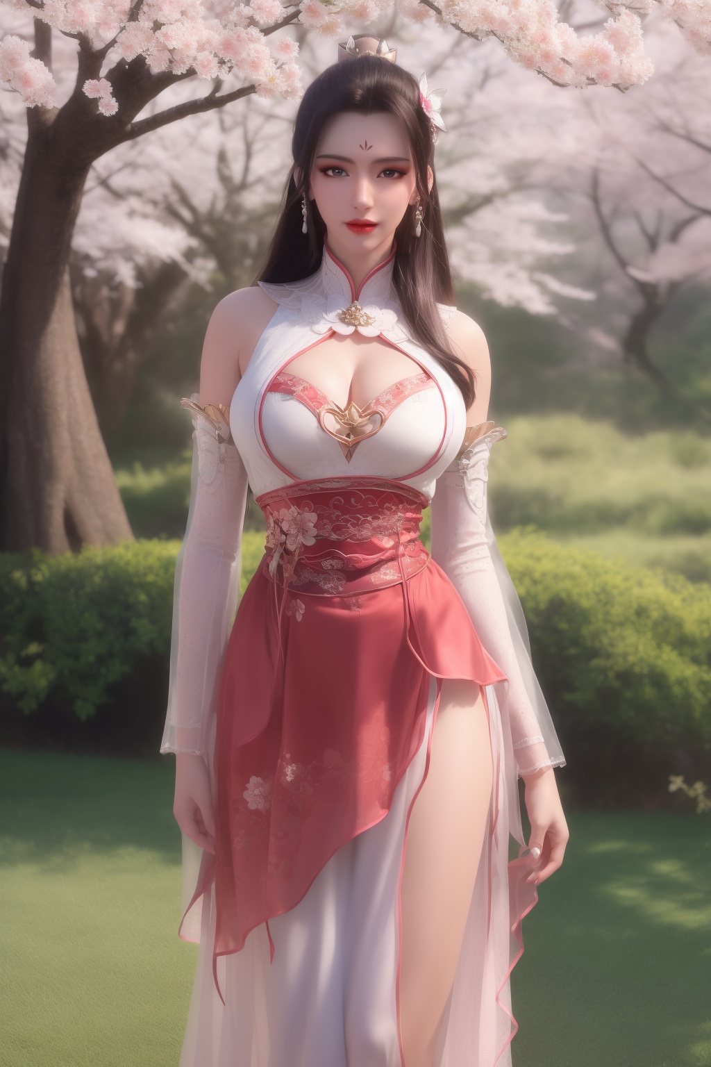 photo_\(medium\),(8k, RAW photo, best_quality),(masterpiece:1.2),(realistic:1.2),(photorealistic:1.3),(ultra-detailed),(extremely_detailed_cg_8k_wallpaper),(crystal_texture_skin:1.3),(shiny:1.2),(shiny_skin:1.4),(extremely_delicate_and_beautiful),petals,flower,sky,cherry blossoms,falling petals,shenfengBaiHeHuai,1girl,solo,dress,chinese clothes,cleavage cutout,torogao,red lips,breasts,large breasts,skirt,standing,jewelry,hair ornament,earring,necklace,realistic,looking at viewer,<lora:shenfengBaiHeHuai_20240706131023-000004:0.7>,