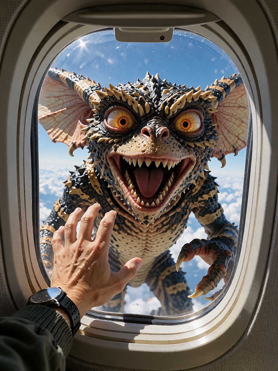 POV looking at the window of the airplane but a gremlin appears to frighten you on Tensor.Art