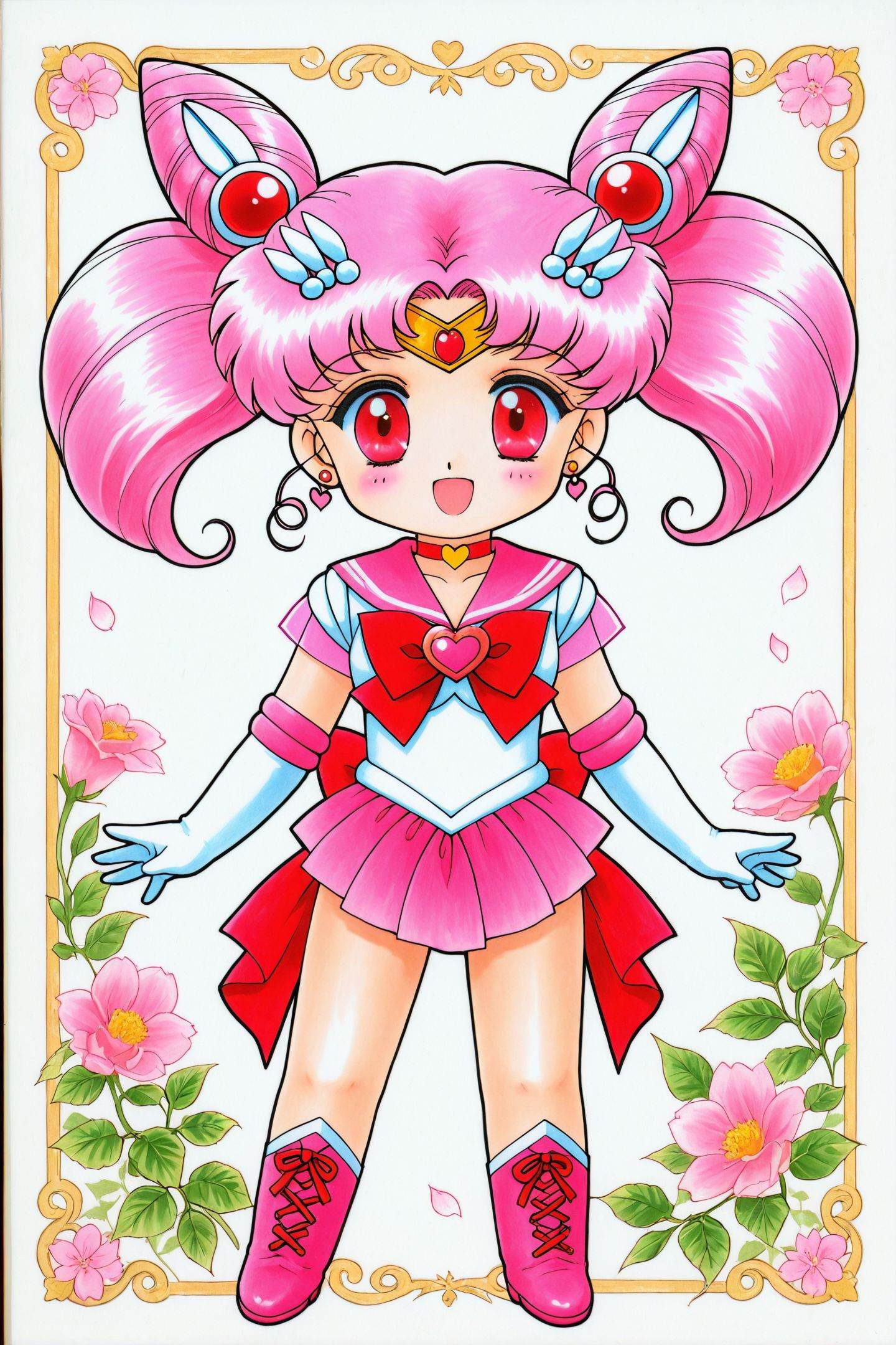 Juu Kuroinu Style,1girl,solo,sailor chibi moon,pink sailor collar,sailor senshi uniform,chibi usa,jewelry,heart,skirt,pink hair,sailor collar,white gloves,brooch,red eyes,hair bun,choker,gloves,heart choker,heart brooch,earrings,double bun,pleated skirt,smile,cone hair bun,hair ornament,bow,twintails,elbow gloves,magical girl,cowboy shot,open mouth,back bow,red bow,:d,miniskirt,standing,circlet,short hair,looking at viewer,hairpin,traditional media,float background,flower,full body,boots,chibi,<lora:black dog chibi_illustriousXL:1>,