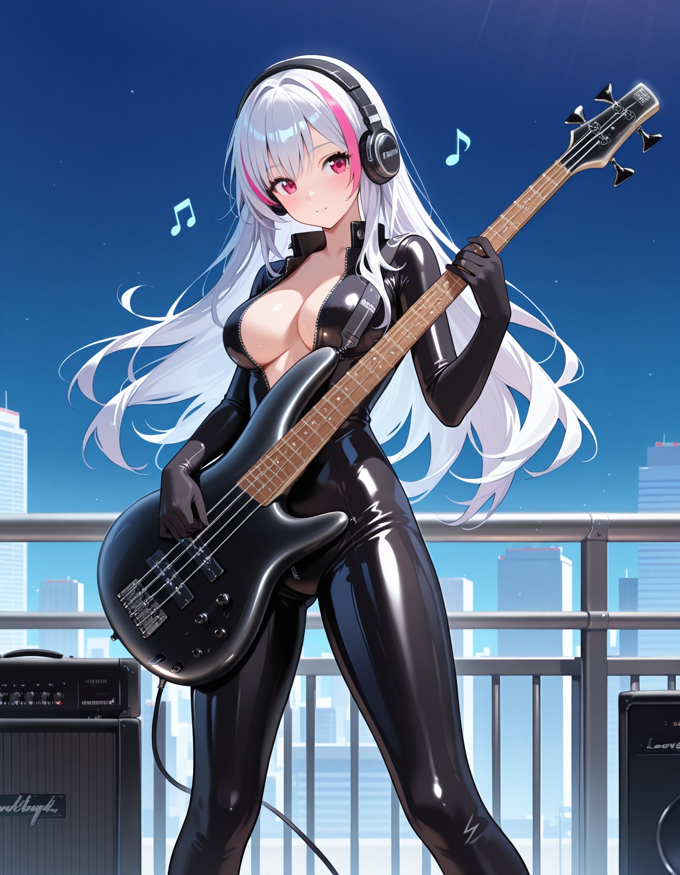 (1woman playing bass guitar),solo,standing,dynamic pose,from front,beautiful eyes,long hair,streaked long hair,glossy black leather long Sleeve,Open collar,shiny sliver accents,bare hip unzipped,cutouts on sides catsuit,elbow gloves,lovestruck,headphone,thighboots,speaker,amplifier,musical note,skyscraper rooftop,textures,detailed texture,very detailed face,masterpiece,best quality,good quality,very awa,very aesthetic,absurdres,newest,<lora:SR300E ILL:1>,