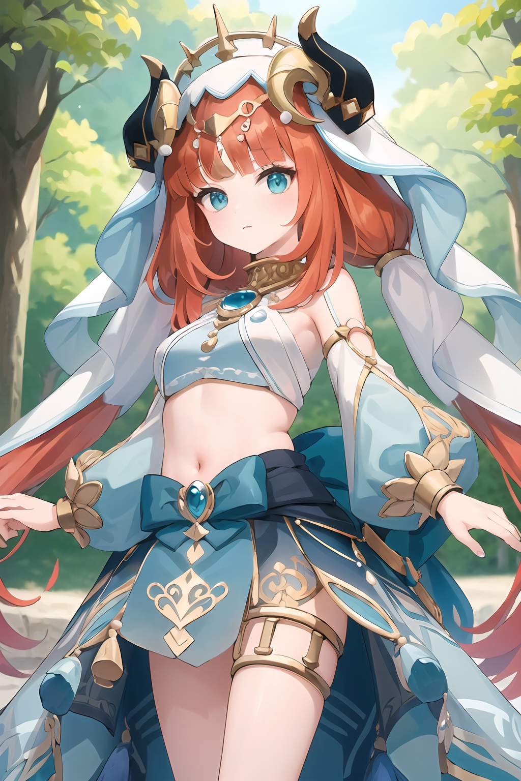 (masterpiece, best quality:1.2),insanely detailed,absurdres,ultra-highres,ultra-detailed,best quality,slender,kawaii,perfect symmetrical face,ultra cute girl,ultra cute face,ultra detailed eyes,ultra cute,ultra beautifu,<lora:nilou-000008:1>,nilou \(genshin impact\),1girl,veil,breasts,low twintails,nail polish,puffy long sleeves,jewelry,crop top,brooch,fake horns,gold trim,blue skirt,neck ruff,backless outfit,bare legs,headwear,tassel,forehead jewel,leg garter,gem,hair ornament,horned headwear,aqua eyes,outdoors,standing,