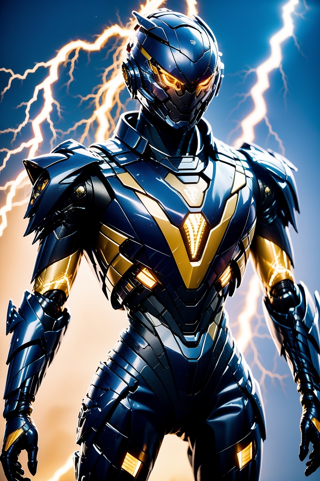 glowing, solo, armor, electricity, glowing eyes, power armor, science fiction, helmet, tokusatsu, male focus, 1boy, lightning, standing, no humans, looking at viewer, blue background, cowboy shot, robot