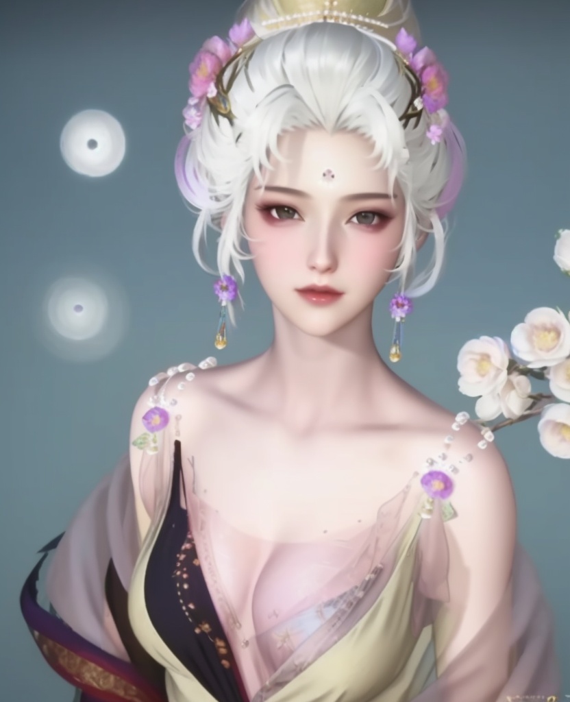 <lora:655-DA-逆水寒-白发贵妃:0.8>(,1girl, ,best quality, ),looking at viewer,,anime,(masterpiece, top quality, best quality, official art, beautiful and aesthetic:1.2), (1girl)	, , (cleavage),extreme detailed,(fractal art:1.3),colorful, flowers ,highest detailed,(by Jeremy Lipking)    (cleavage), (),