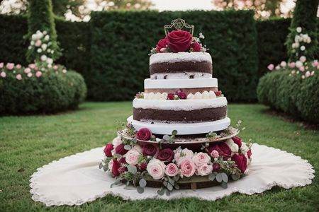 Wedding photography,  photograph of wedding cake,  garden of rose background on Tensor.Art