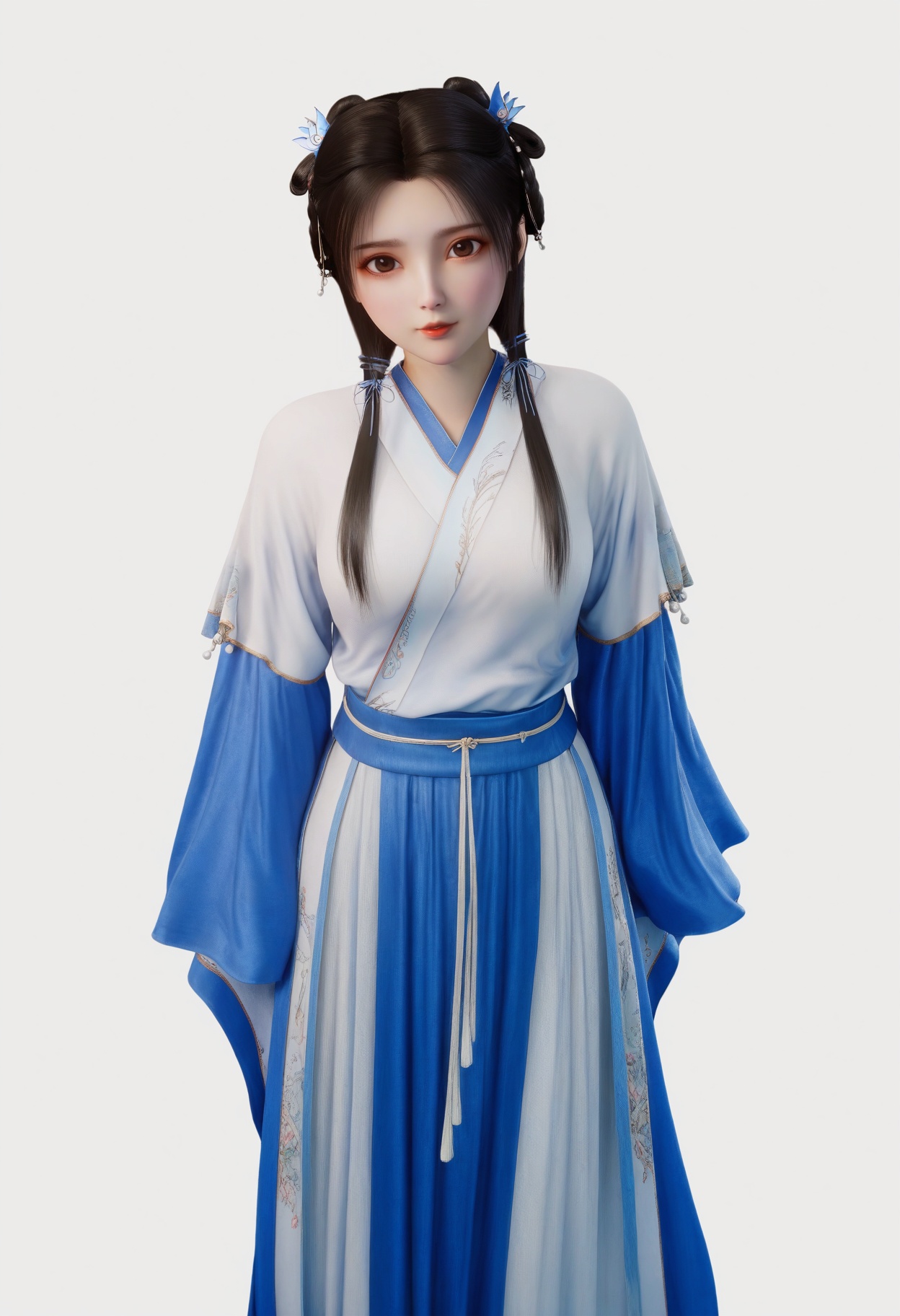 score_9,<lora:SF_ZhouRu10Year_Pony_Realism-000003:0.7>,hair ornament,black hair,dress,lips,bangs,hair over shoulder,1girl, large breasts,clothes,hanfu,hair ribbon,minigirl, hair rings,short over long sleeves,solo,looking at viewer,white background,simple background,full body,